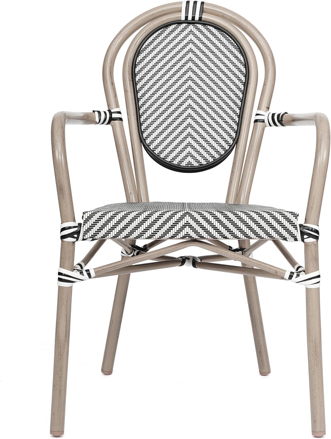 Merrick Lane Mael Set of Four Stacking Thonet Bistro Style Chair with Arms, Textilene Seat, and Bamboo Finished Metal Frame for Indoor/Outdoor Use