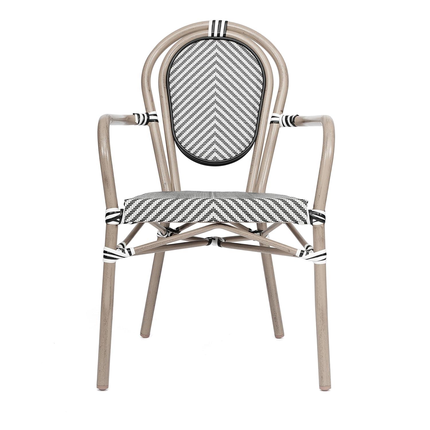 Merrick Lane Mael Set of Four Stacking Thonet Bistro Style Chair with Arms, Black & White Textilene Seat, & Bamboo Metal Frame for Indoor/Outdoor Use