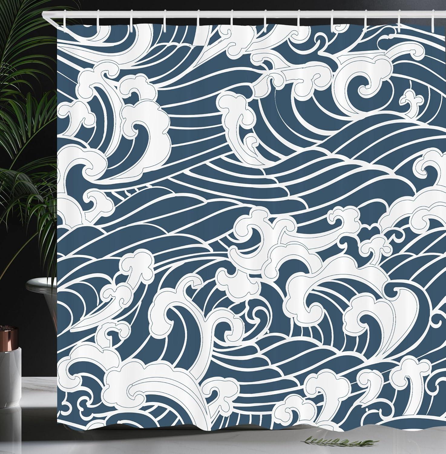 Ambesonne Japanese Wave Shower Curtain, River Storm Retro, 69"Wx70"L, Slate Blue White