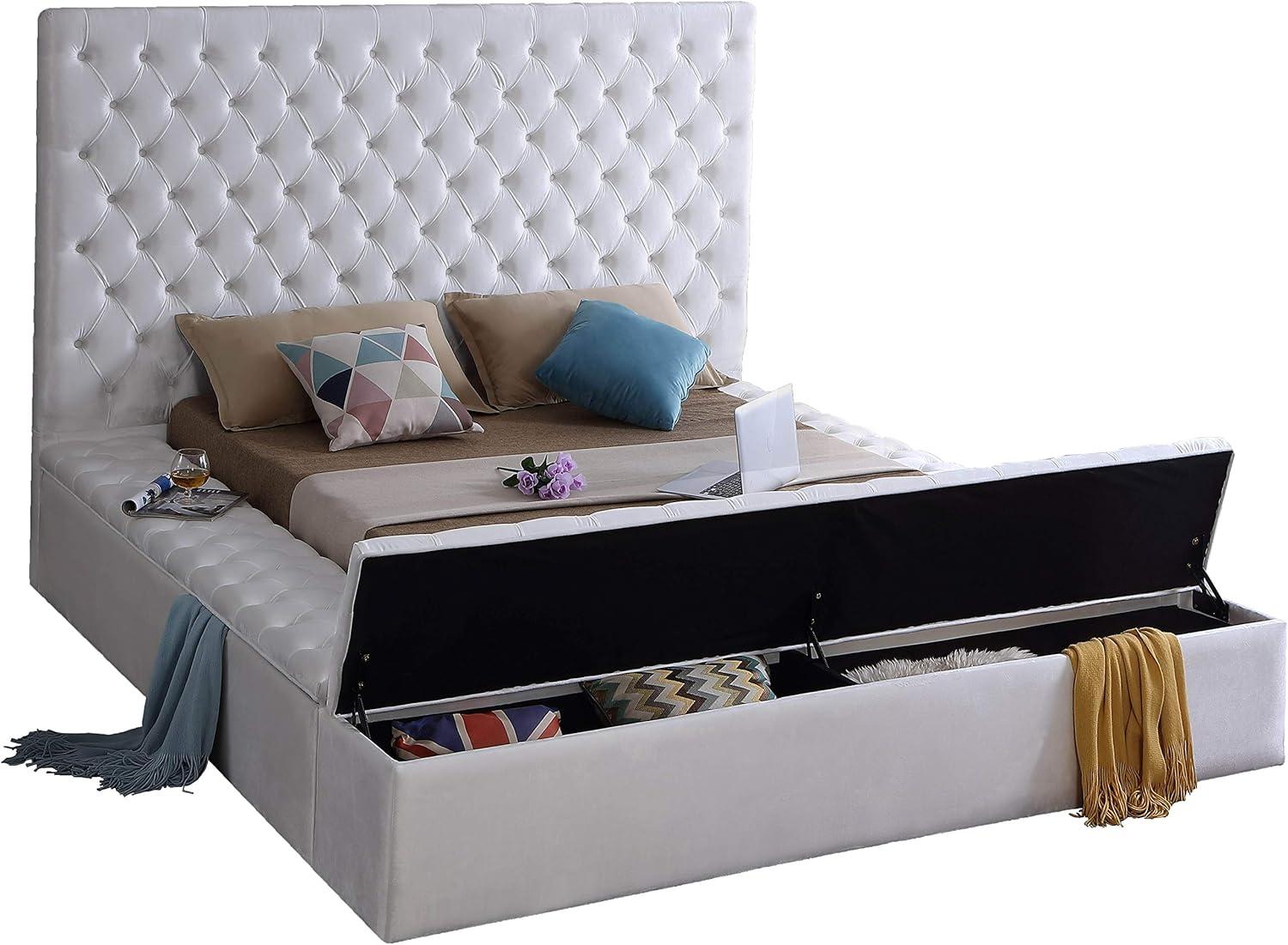 Bliss White Velvet Queen Upholstered Storage Bed with Tufted Headboard