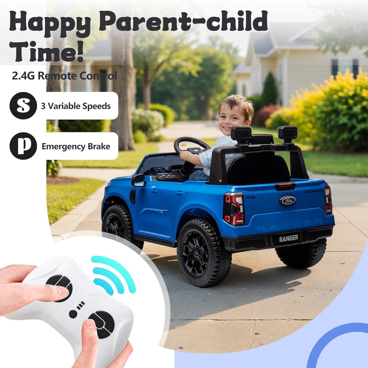 Ford Ranger Ride on Truck, 12V Powered Ride on Toy Cars with Remote Control, Bluetooth, MP3 Player, Safety Belt, LED Lights, Horn, Rear Wheels Drive Kids Electric Car for Boys Girls 3-6 Ages, Blue