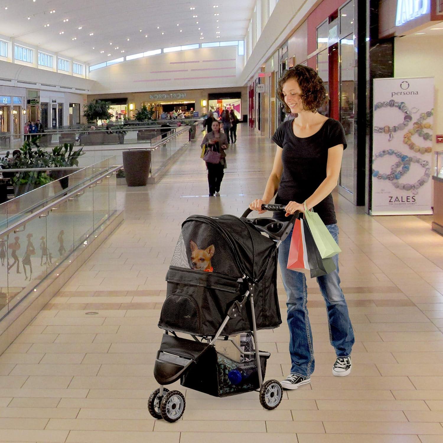 JepoIA Black 3 Wheel Pet Stroller for Cat, Dog and More, Foldable Strolling Cart, STROLR-V003K