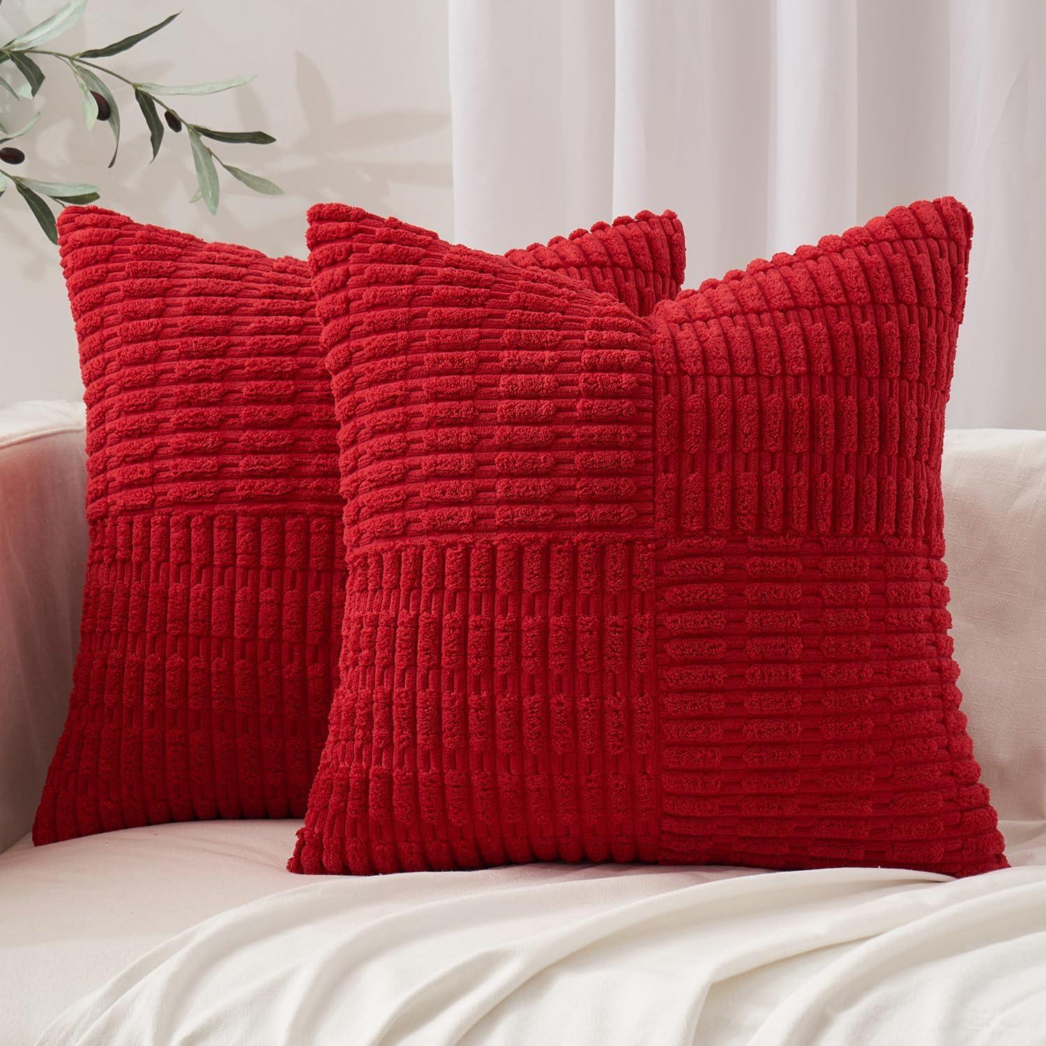 Red Corduroy 18x18 Inch Boho Pillow Covers, Set of 2