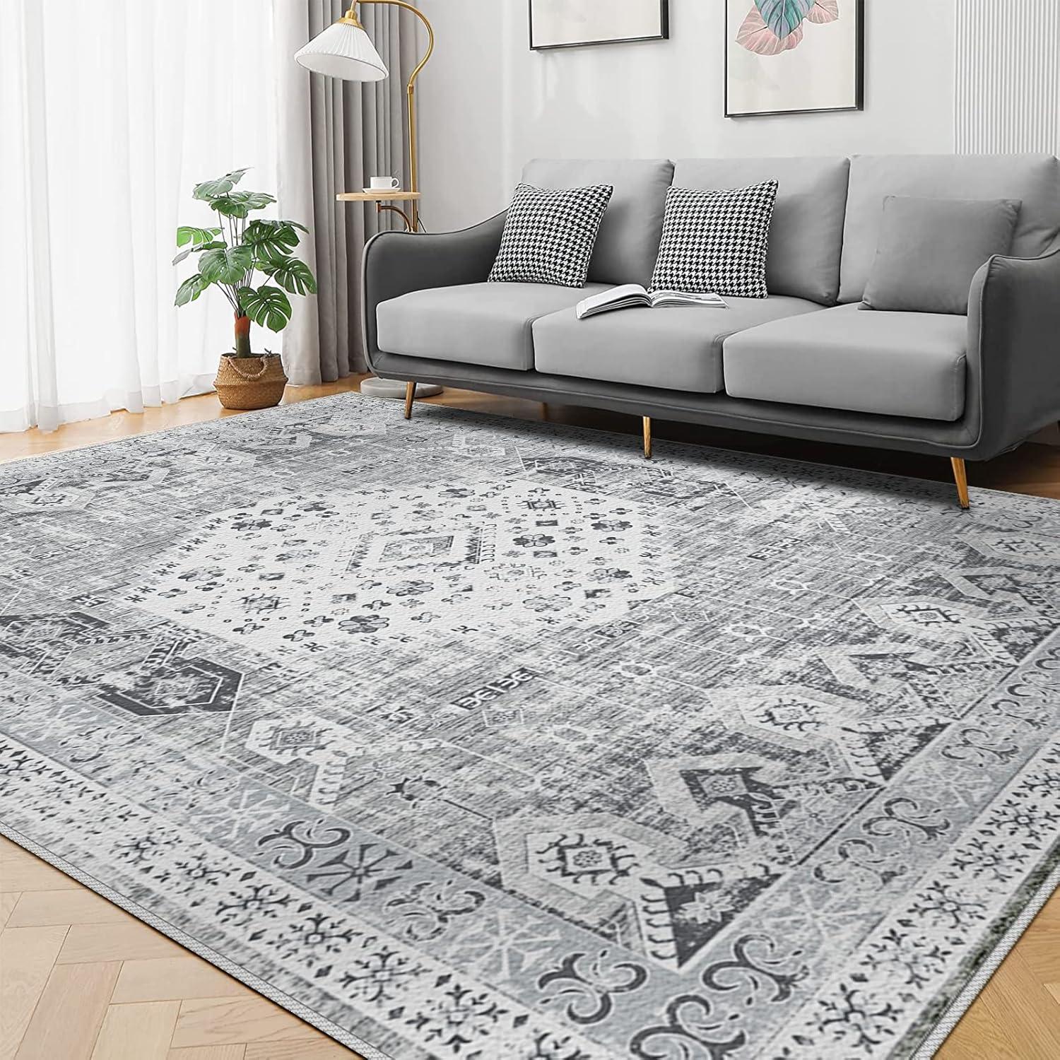 Tzou Washable Area Rug 9x12 for Living Room Retro Boho Chic Medallion Distressed Design Indoor Non-Slip Carpet for Bedroom Office(Grey)