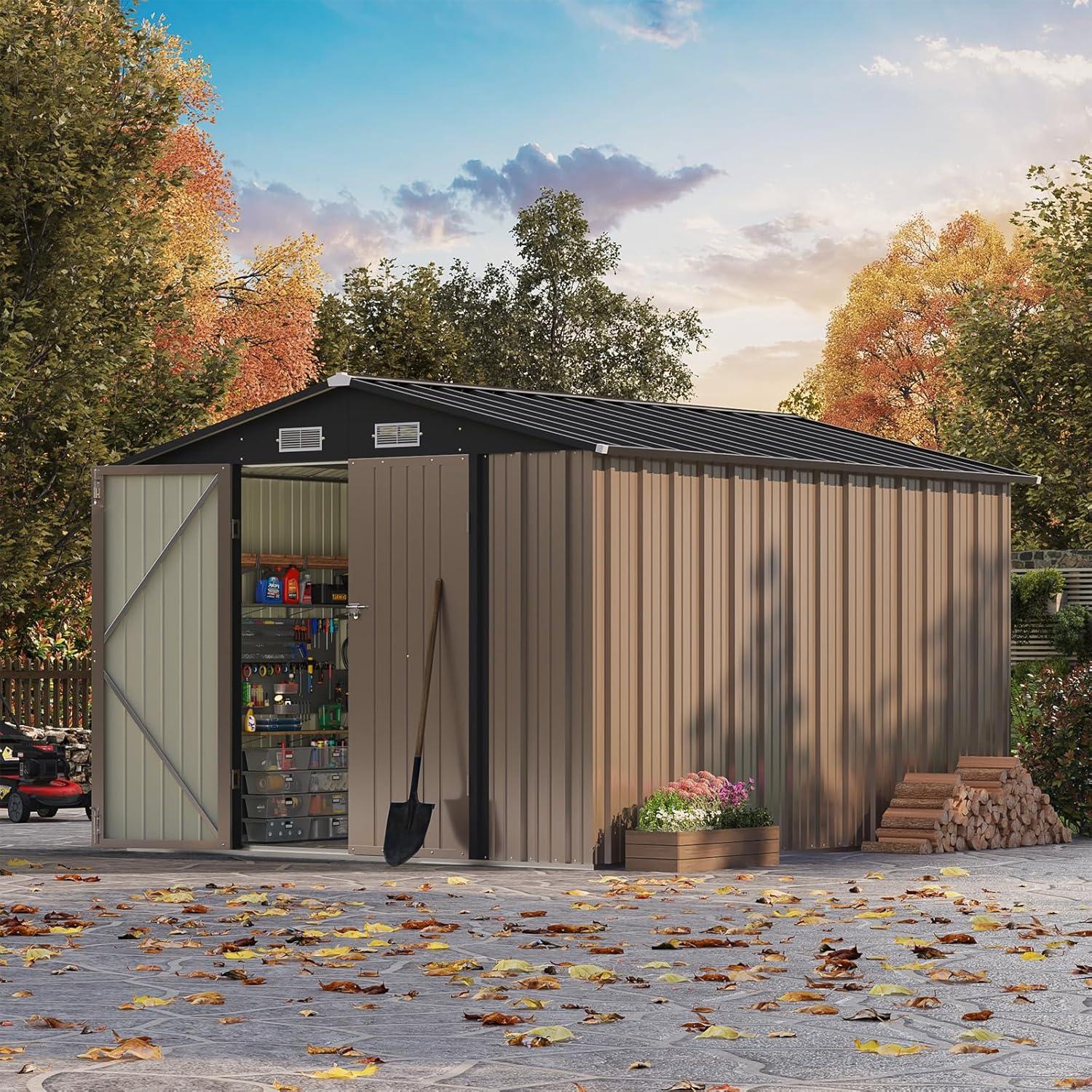 Patiowell 8' x 10' Outdoor Storage Shed, Large Garden Tool Metal Shed with Sloping Roof and Double Lockable Door, Outdoor Shed for Backyard Garden Patio Lawn, Brown