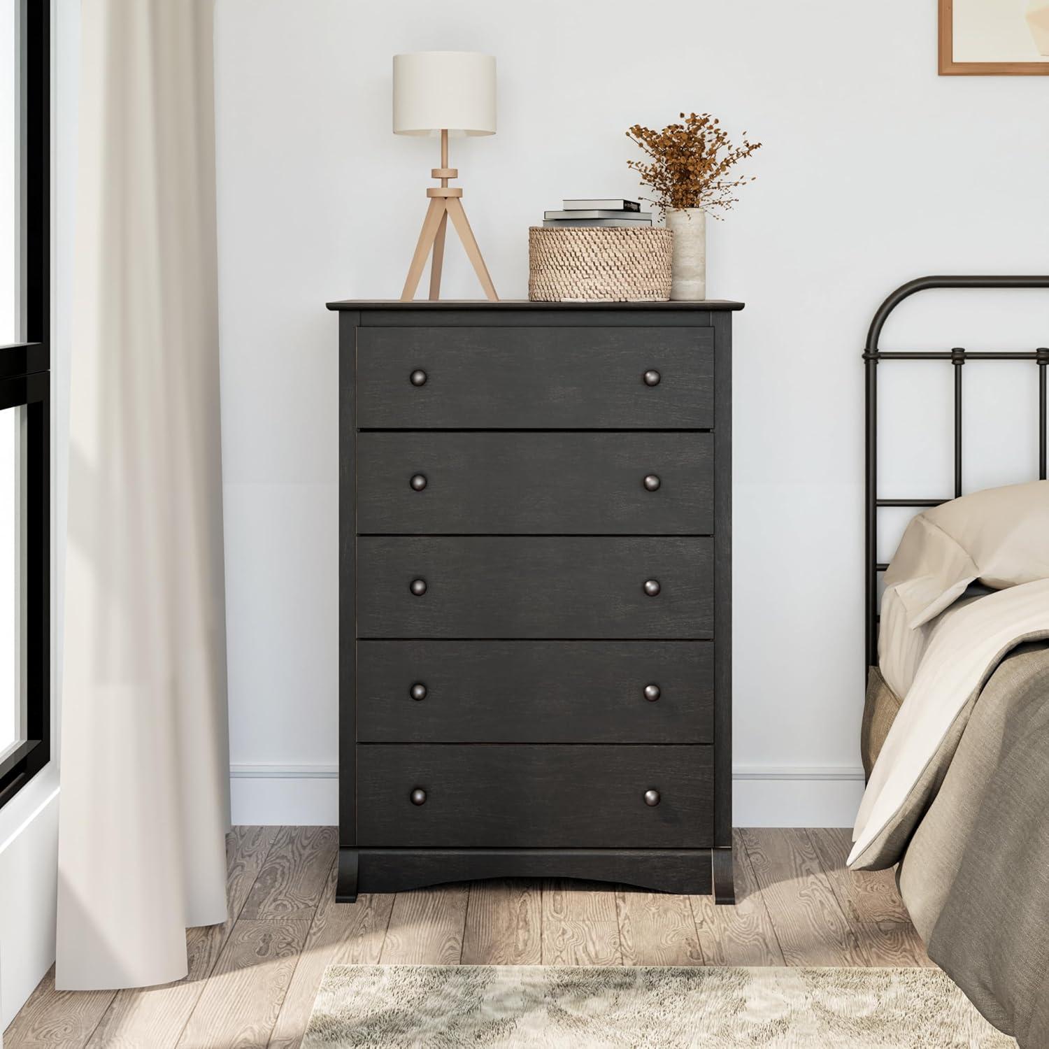 Prepac Monterey 5 Drawer Dresser Washed Black: Wood Composite Vertical Storage, 45.25" High