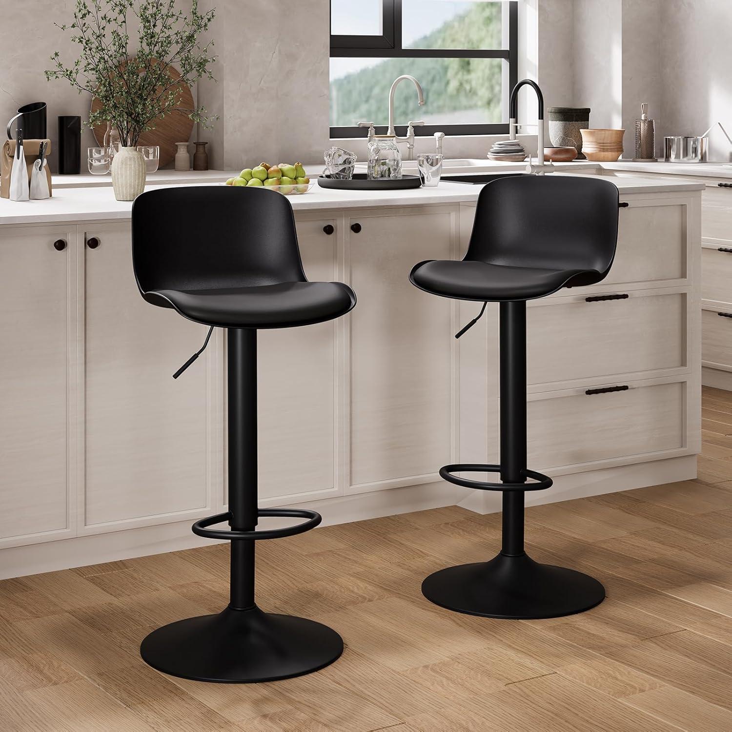 Adjustable Black Swivel Bar Stools with High Back and Soft Cushion