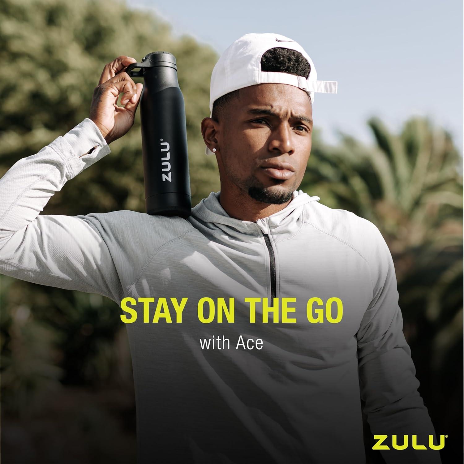ZULU Ace Vacuum Insulated Stainless Steel Water Bottle with Removable Base - Leak Proof Lid - Antimicrobial Spout, 24 oz, White