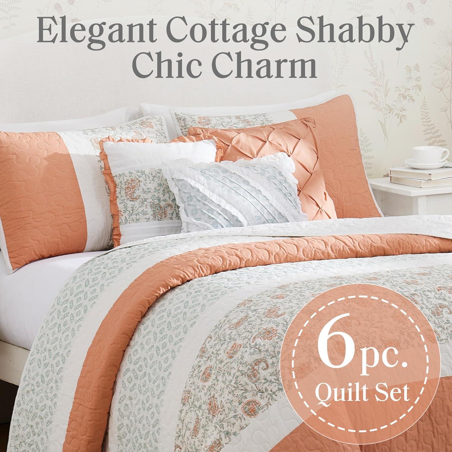 Madison Park 6pc King/California King Reversible Stella Percale with Throw Pillows Quilt Bedding Set Coral: Includes Embroidered Details