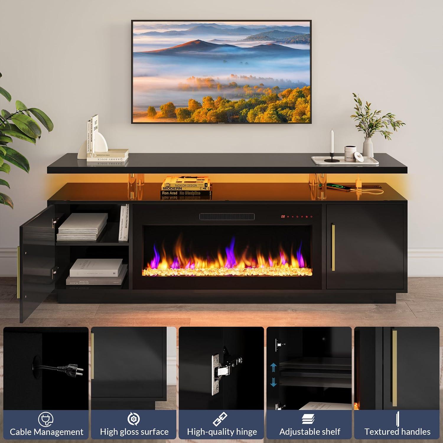 BELLEZE 70" TV Stand for TVs up to 75", LED Light Entertainment Center with 36" Electric Fireplace, Storage Cabinet with USB AC Outlet, Media Console Table for Living Room - Avenue (Black)