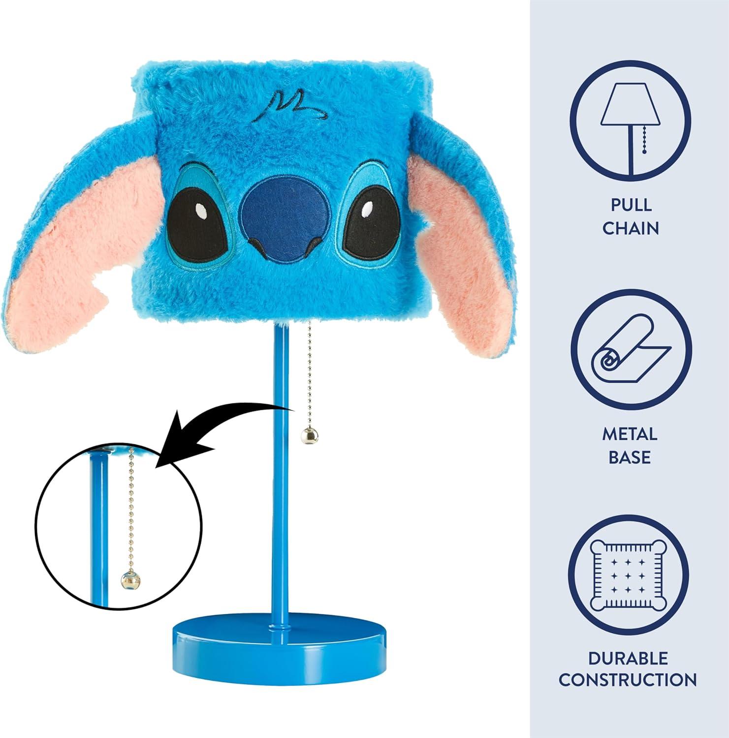 Idea Nuova Disney Stitch Plush Table Lamp,15.5" Figural Lamp with Soft Shade & Pull Chain,Kids Bedroom or Nursery Nightstand Light,Blue