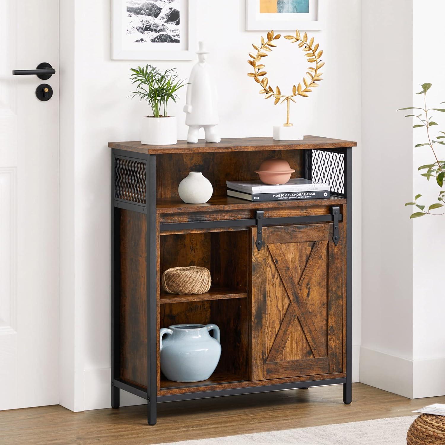 Rustic Brown and Black Sliding Barn Door Sideboard