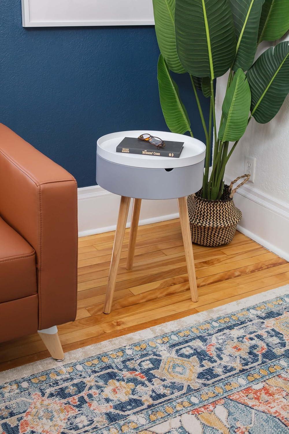 Gray and White Round Tray Top End Table with Natural Wood Legs