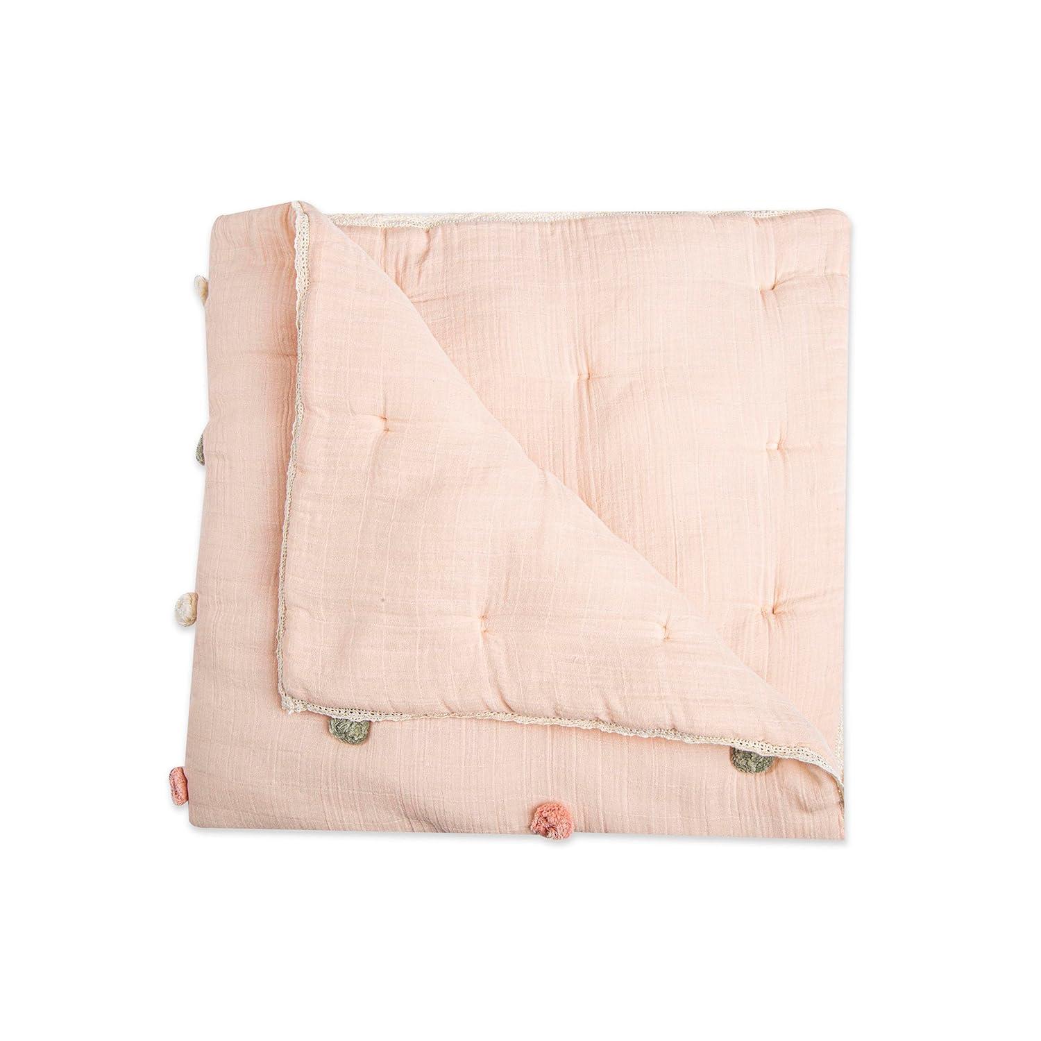 Parker Rose Light Pink Cotton Muslin Baby Blanket with Pom Poms