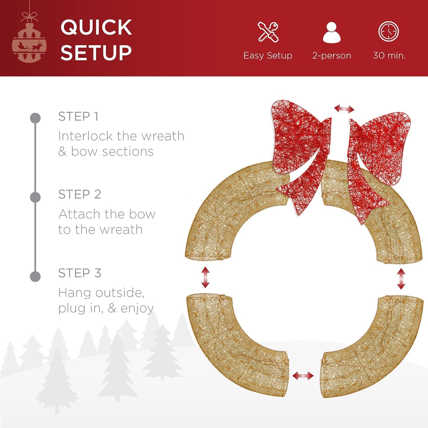 Best Choice Products 48in Pre-Lit Outdoor Christmas Wreath, LED Metal Holiday Decor w/ 140 Lights, Bow - Gold/Red