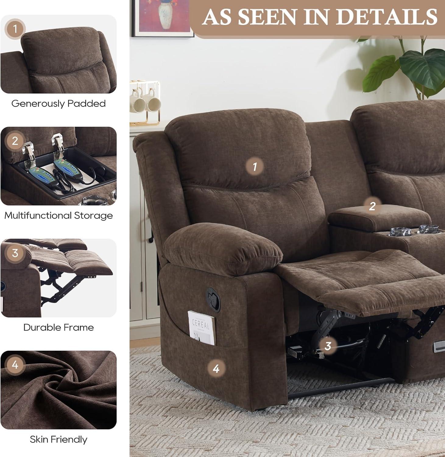 Loveseat Recliner Sofa, Manual Recliner Loveseat with Console, Modern Chenille Sofa Sleeper Deep Couches with Cup Holders and Side Pocket for Living Room/Office/Apartment (Brown)