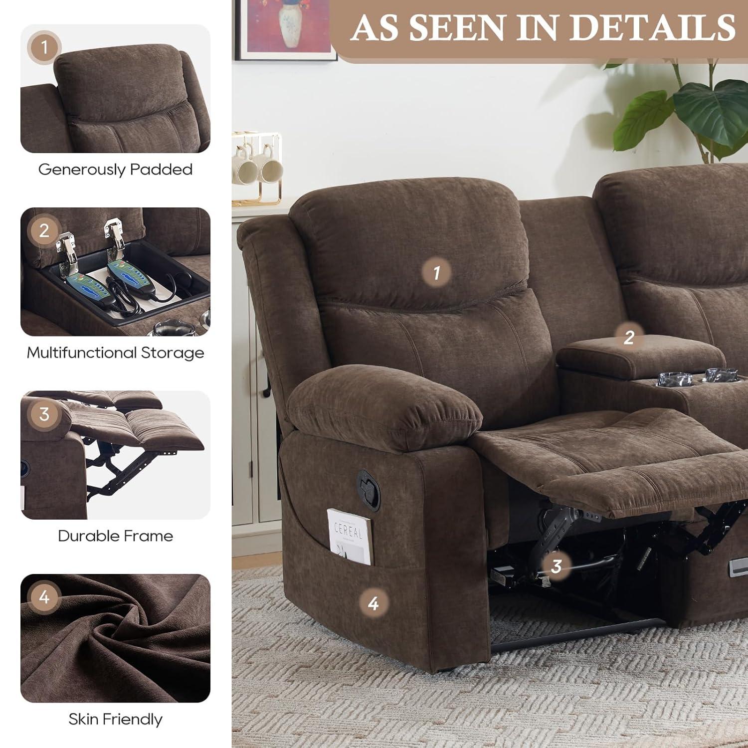 Loveseat Recliner Sofa, Manual Recliner Loveseat with Console, Modern Chenille Sofa Sleeper Deep Couches with Cup Holders and Side Pocket for Living Room/Office/Apartment (Brown)