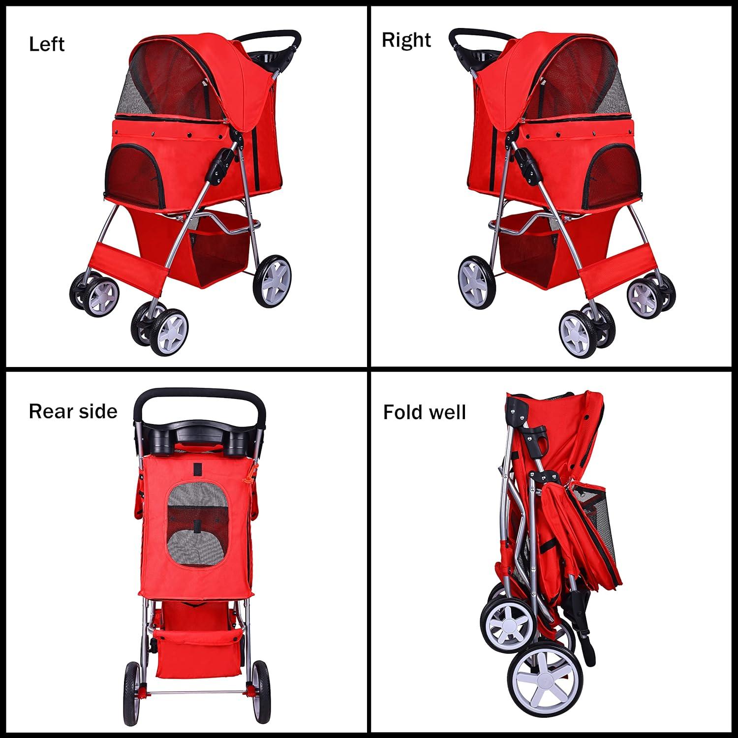 Red 4-Wheel Folding Dog Stroller with Detachable Carrier