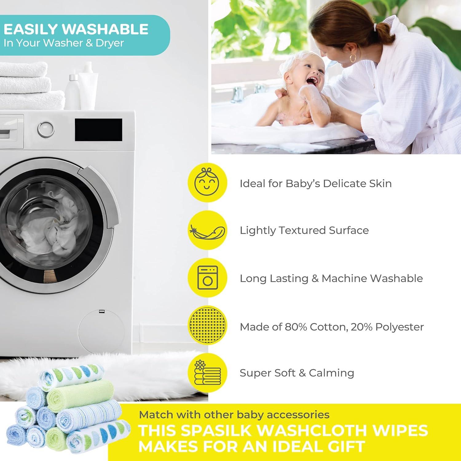 Spasilk Baby Washcloth Wipes Set for Infant Boys and Girls, Terry Bath Scrub, Pack of 10, Blue Dots