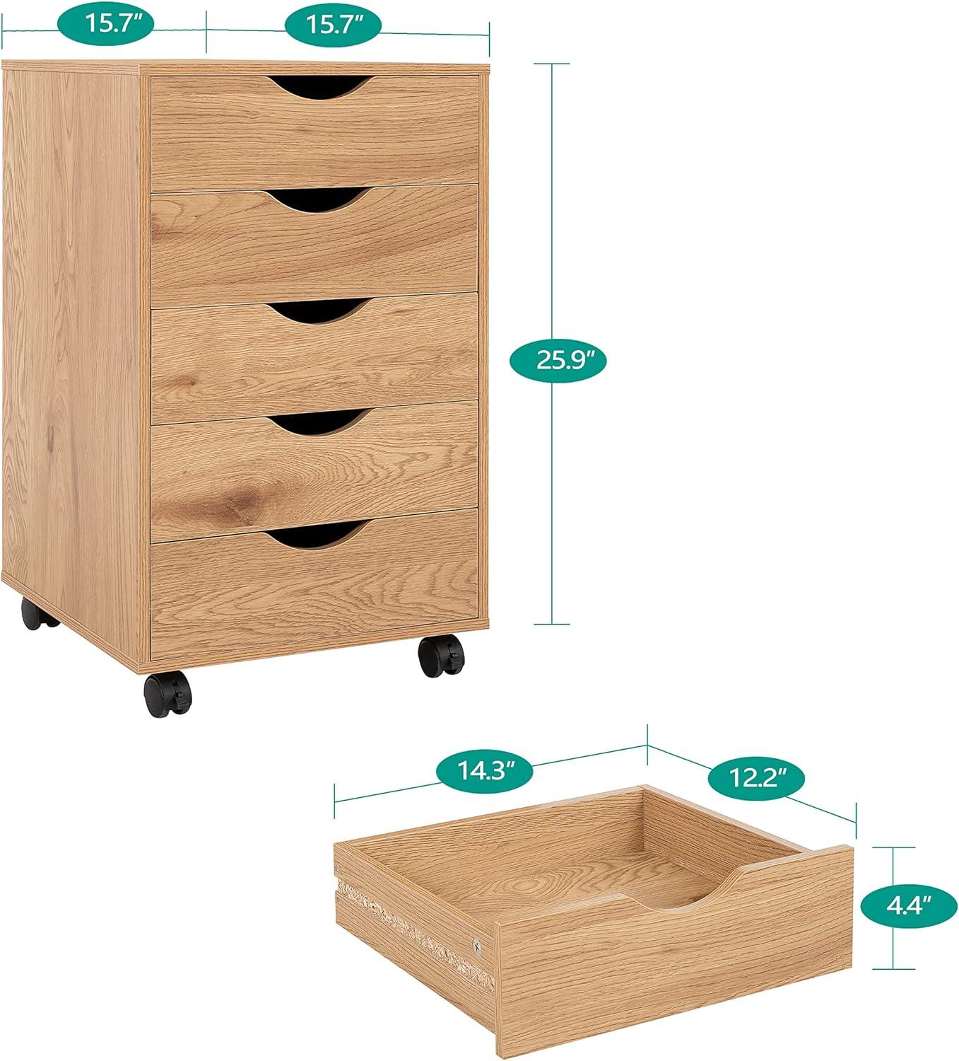 Natural MDF 5-Drawer Office Storage Cabinet with Casters