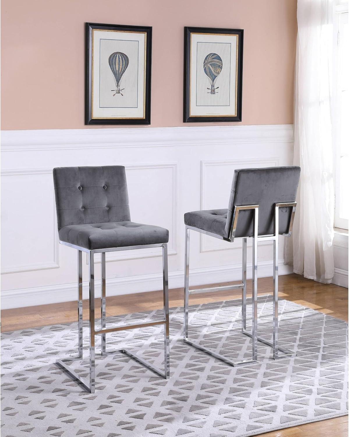 Barstools with Tufted Seats in Teal Blue Velvet and Chrome Legs (Set of 2)