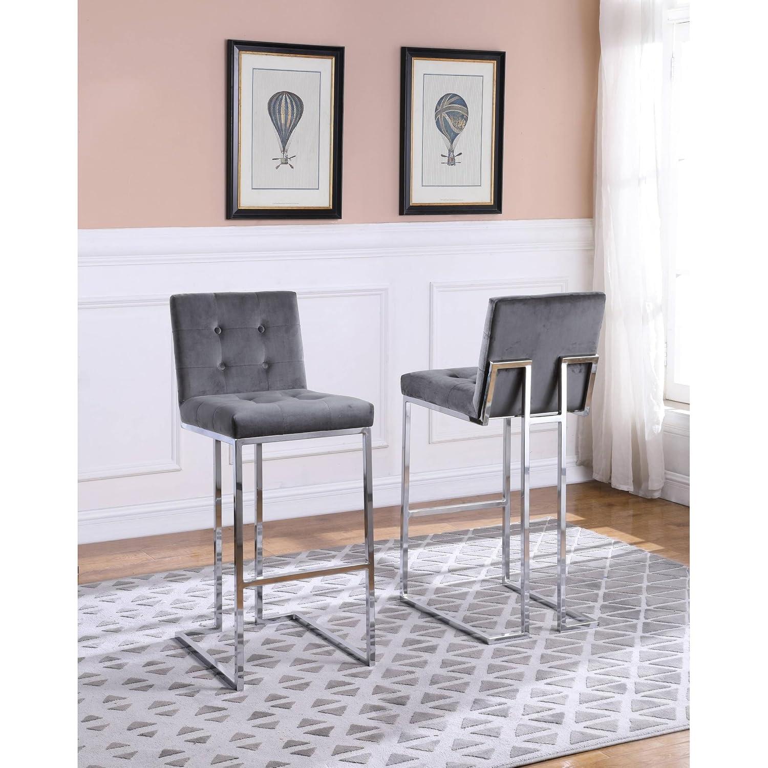 Barstools with Tufted Seats in Teal Blue Velvet and Chrome Legs (Set of 2)