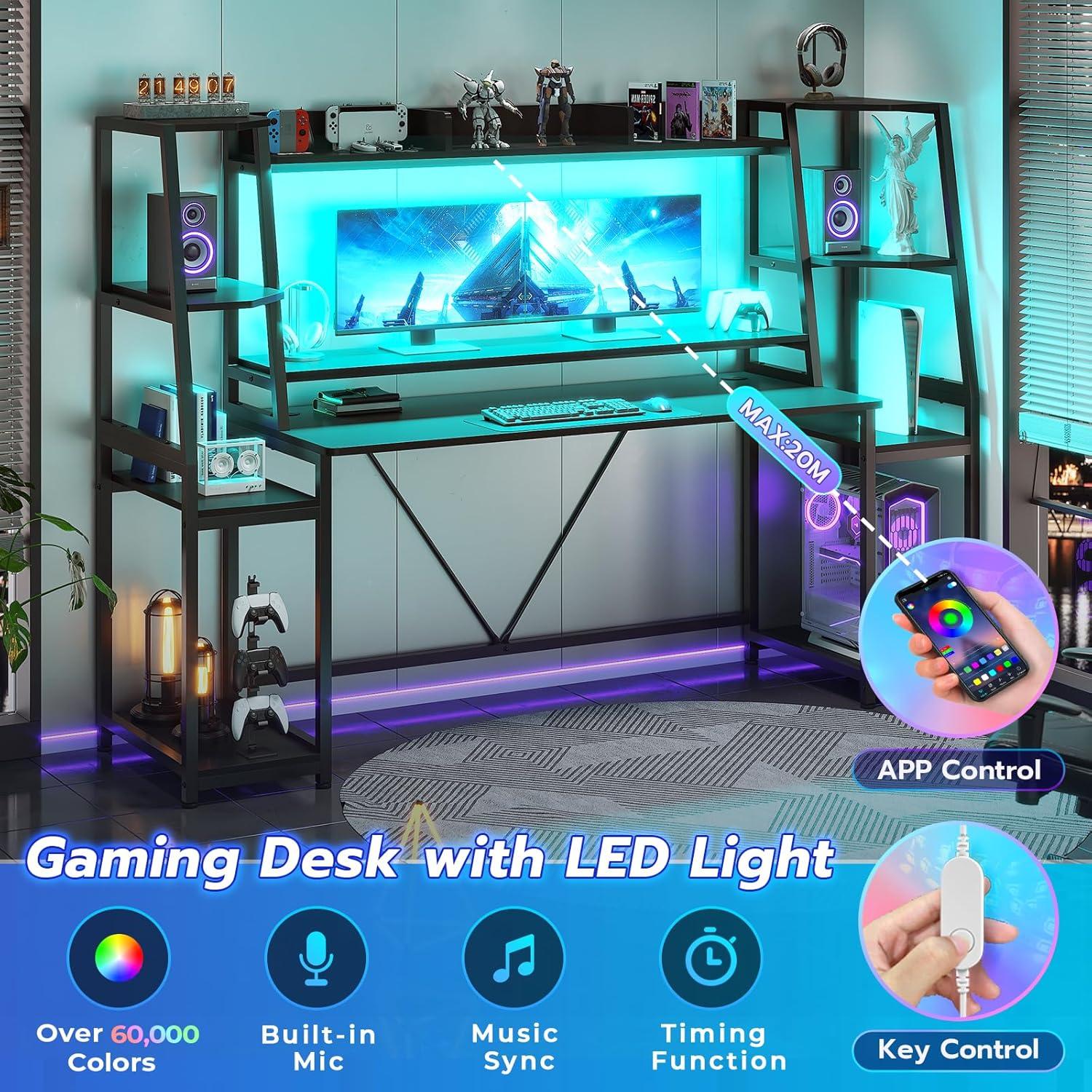 78.8 Inches Gaming Desk with LED Lights, Ergonomic Computer Desk with Monitor Stand, Hutch and Storage Shelves, Large PC Gamer Desk Workstation, Black