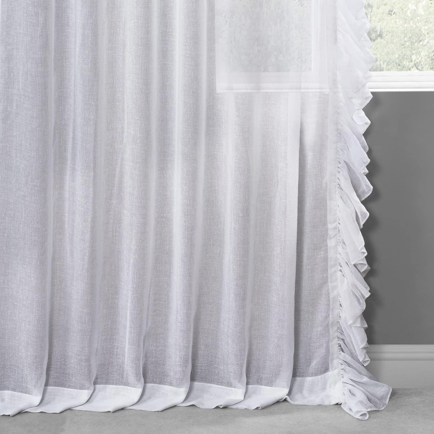 White Orchid 108" Sheer Linen Ruffle Curtain Panel