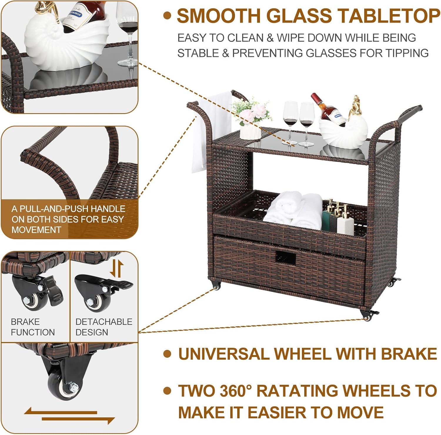 Outvita Outdoor Rolling Wicker Bar Cart, Rolling Rattan Beverage Bar Counter Table with Ample Storage Basket, Drawer and Loakable Wheels Glass Top for Patio Poolside Party