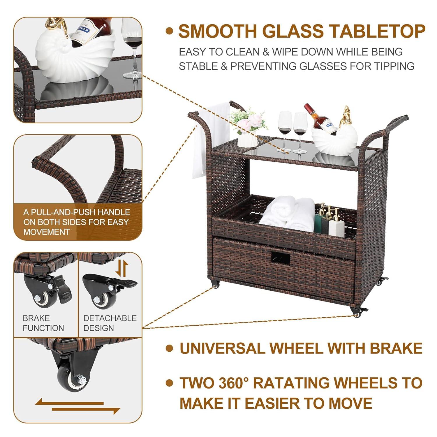 Outvita Outdoor Rolling Wicker Bar Cart, Rolling Rattan Beverage Bar Counter Table with Ample Storage Basket, Drawer and Loakable Wheels Glass Top for Patio Poolside Party