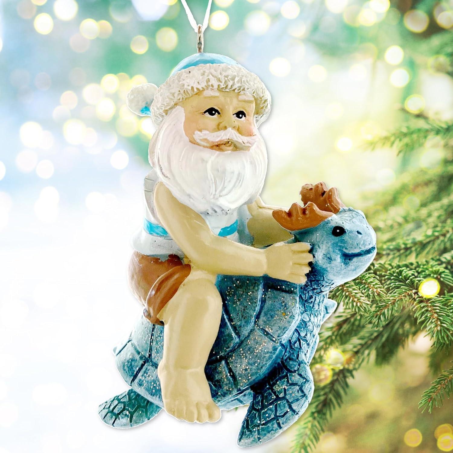 Sea Turtle Seahorse Ornaments - Beach Santa Riding Marine Animals Coastal Holiday Tree Decorations, Set of 2