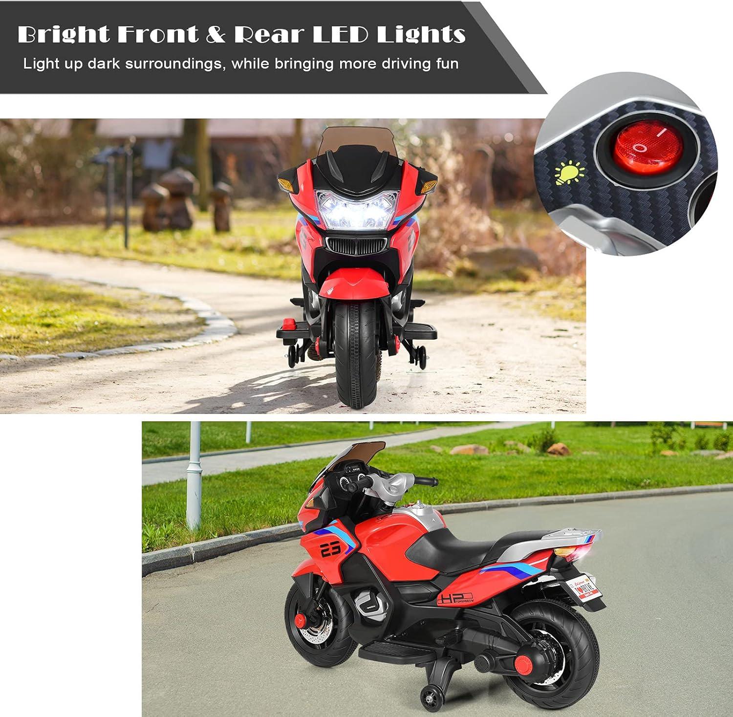 Costway 12V Kids Ride On Motorcycle Electric Motor Bike w/ Training Wheels & Light Red