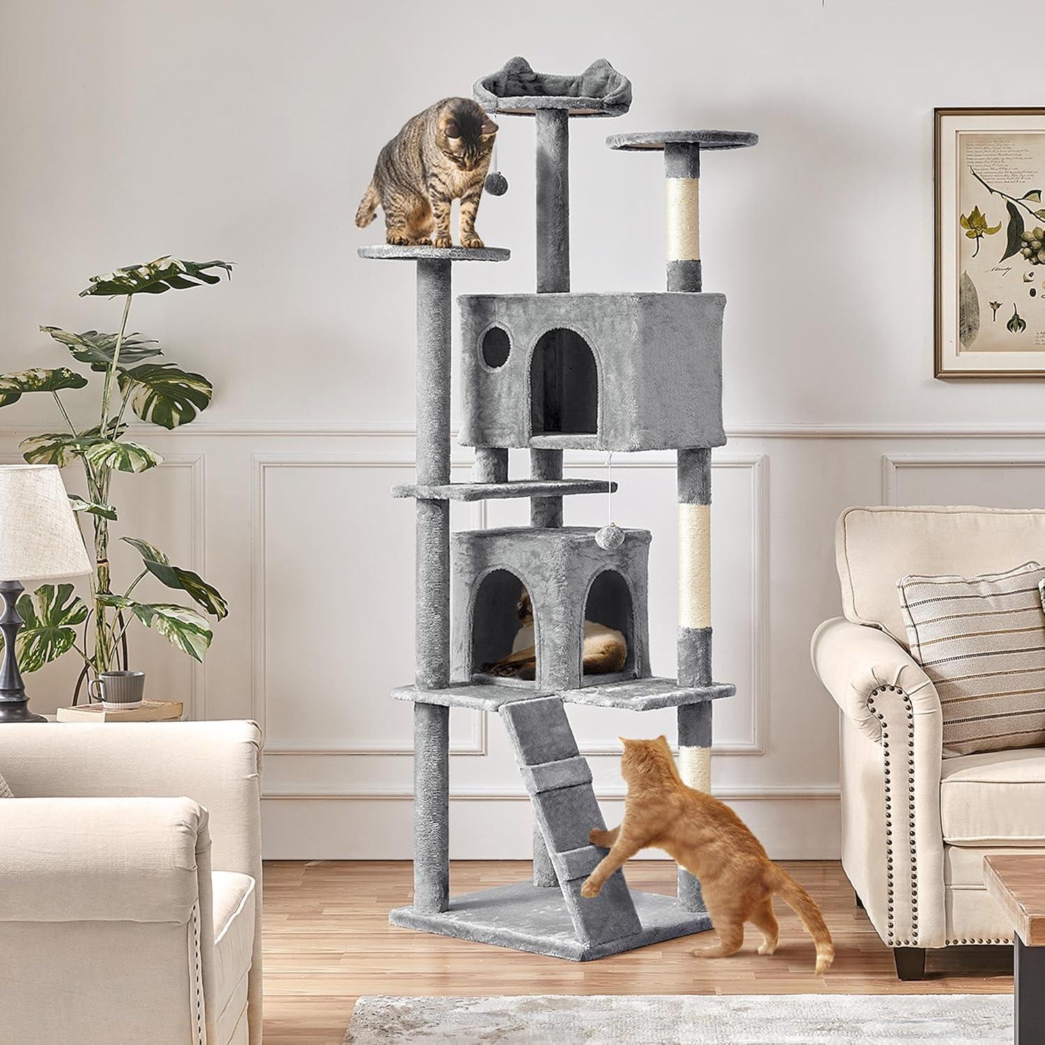 SmileMart 80″ Tall Multilevel Cat Tree with 2 Condos & 3 Scratching Posts for Kittens, Light Gray