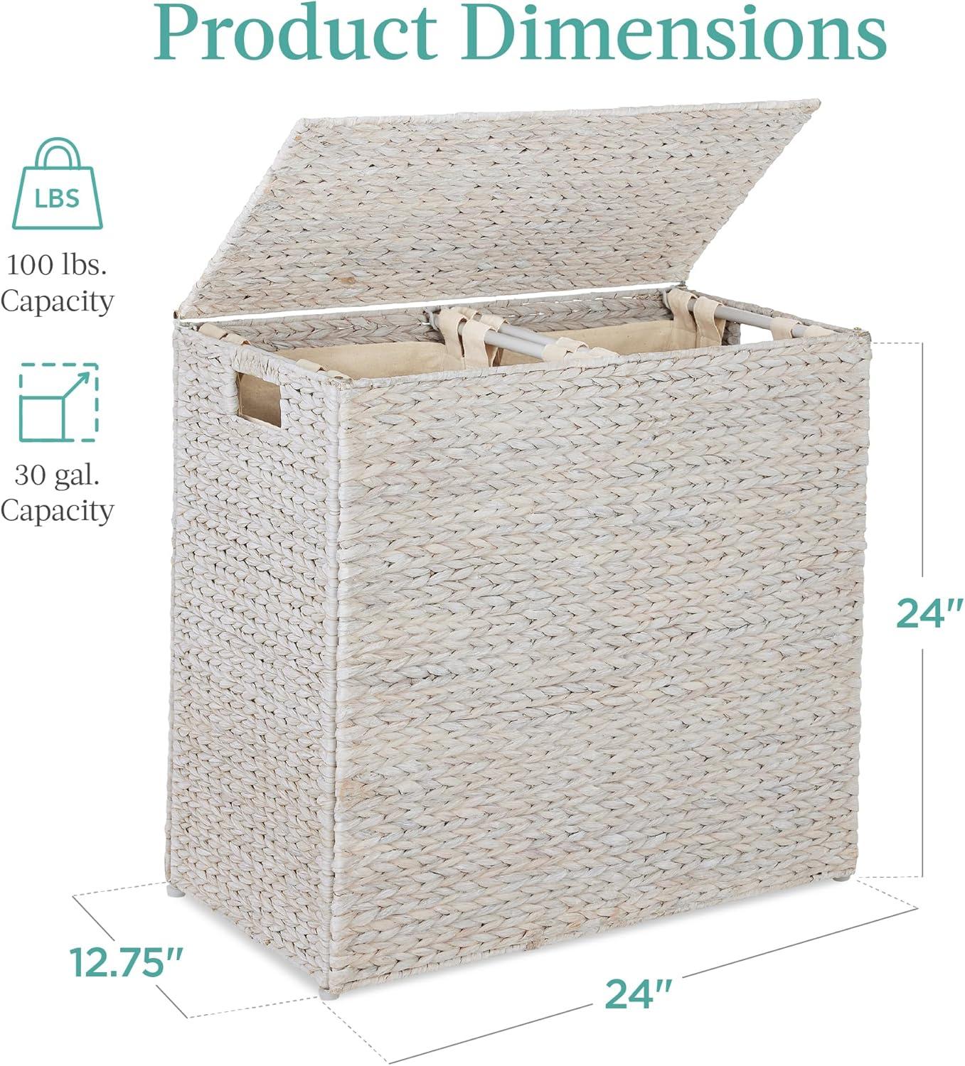 Best Choice Products Large Natural Water Hyacinth Double Laundry Hamper Basket w/ 2 Liner Bags, Handles