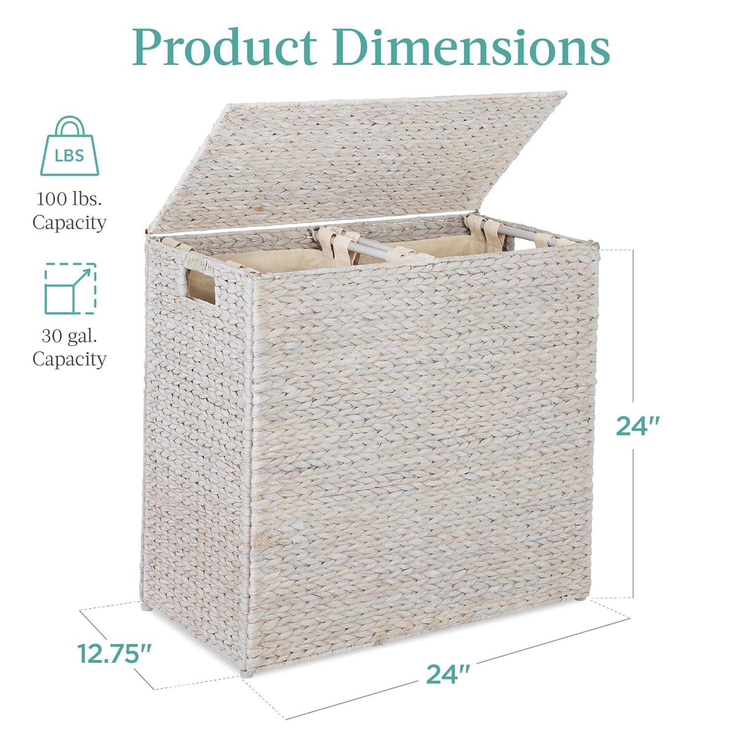 Best Choice Products Large Natural Water Hyacinth Double Laundry Hamper Basket w/ 2 Liner Bags, Handles - White