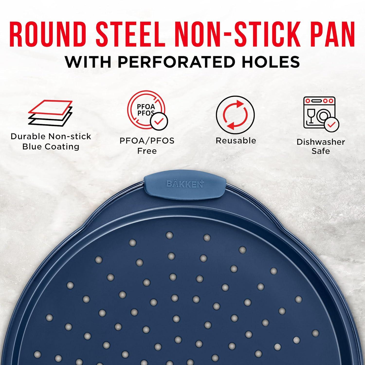 Bakken Pizza Baking Pan - Round Perforated Carbon Steel Pan with Non-Stick Marble Coating, Oversized Silicone Handle, Dishwasher Safe, High-Temperature Resistant, Durable & Easy Cleanup Blue, 1 Pack