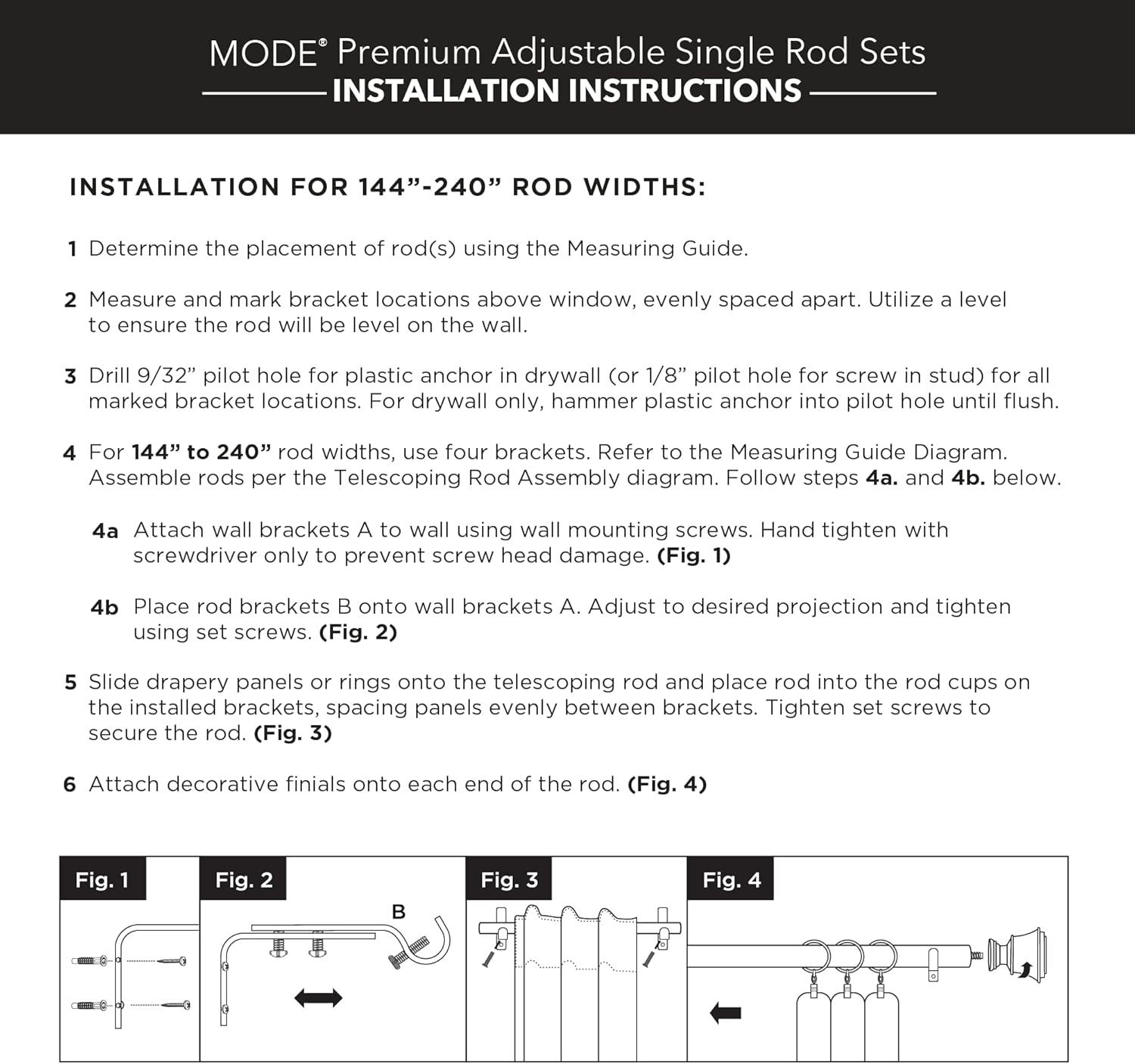 Mode Premium Collection 1 1/8 in Diameter Curtain Rod Set with Brilliant Doorknob Finials and Steel Wall Mounted Adjustable Rod