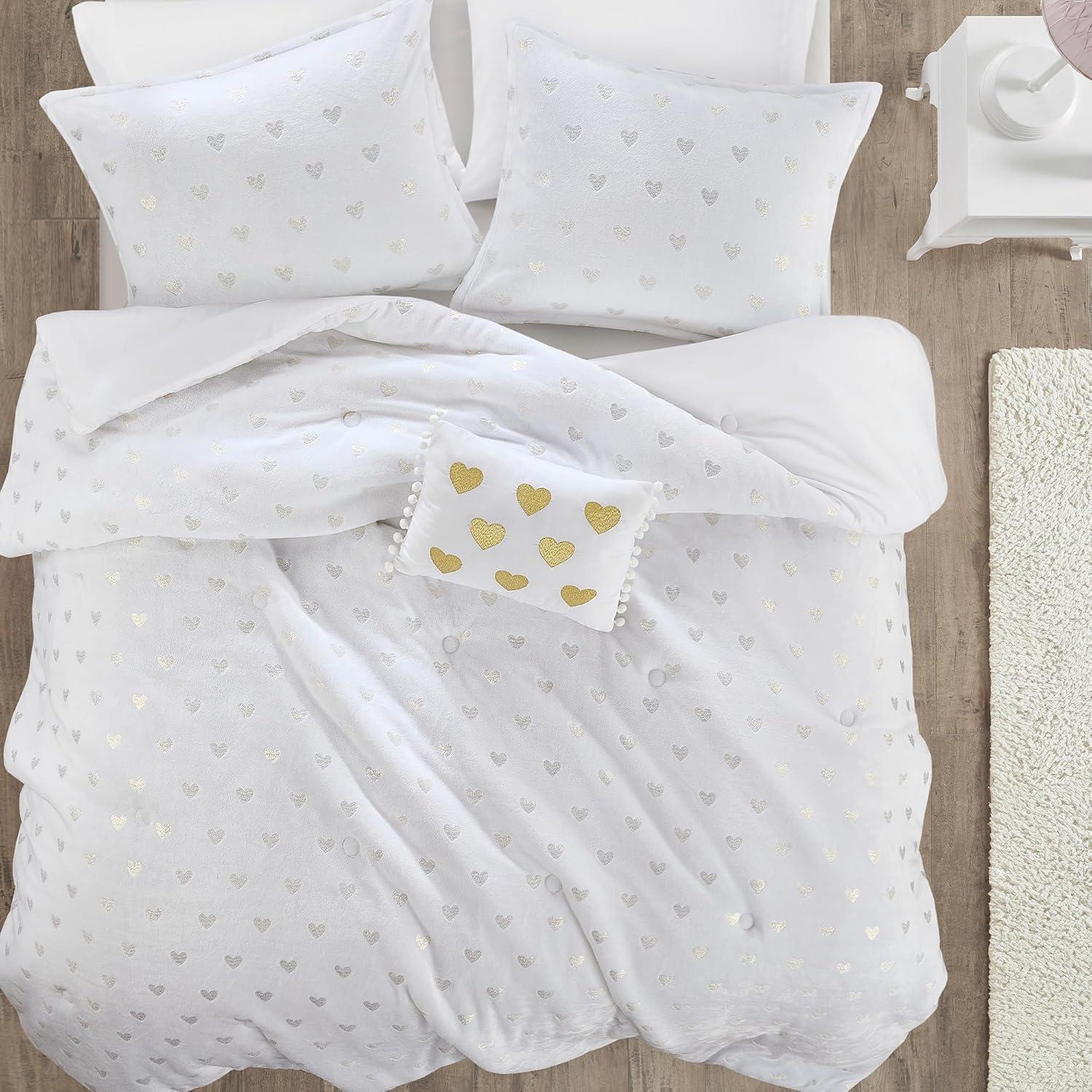 Mi Zone Full/Queen Audrey Metallic Print Plush Microfiber Soft Comforter Set with Throw Pillow White: Hypoallergenic, Transitional Style