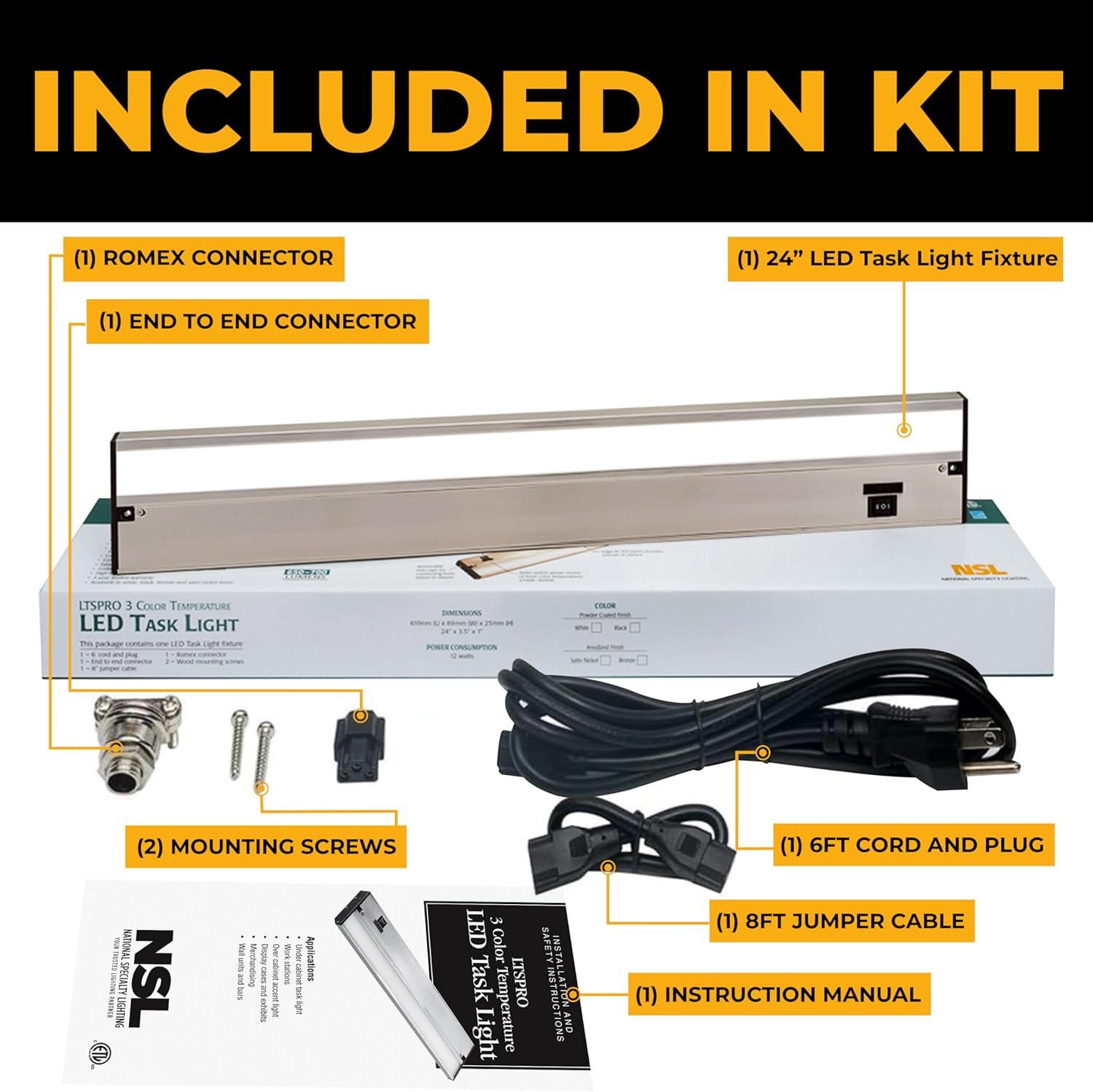 LED Under Cabinet Lighting Hardwired - 3CCT 24 Inch Satin Finish - Undercabinet Lights for Kitchen - Linkable Undercounter Dimmable Plug in Light or Hard Wired - Under Counter Fixture Direct Wire