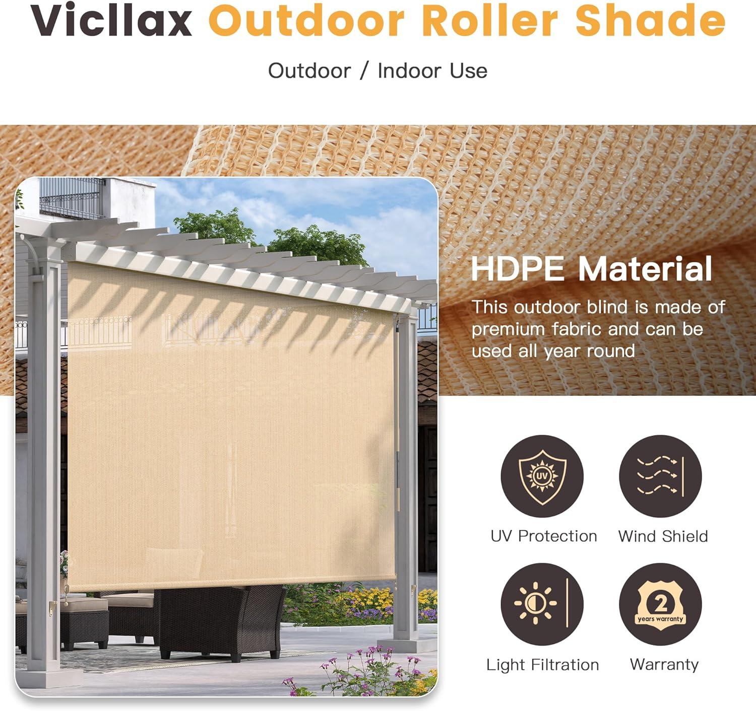 VICLLAX Outdoor Premium Roller Shades for Patio, Exterior Cordless Outdoor Blinds Porch Shades with Aluminum Valance (4' W X 8' L), Wheat