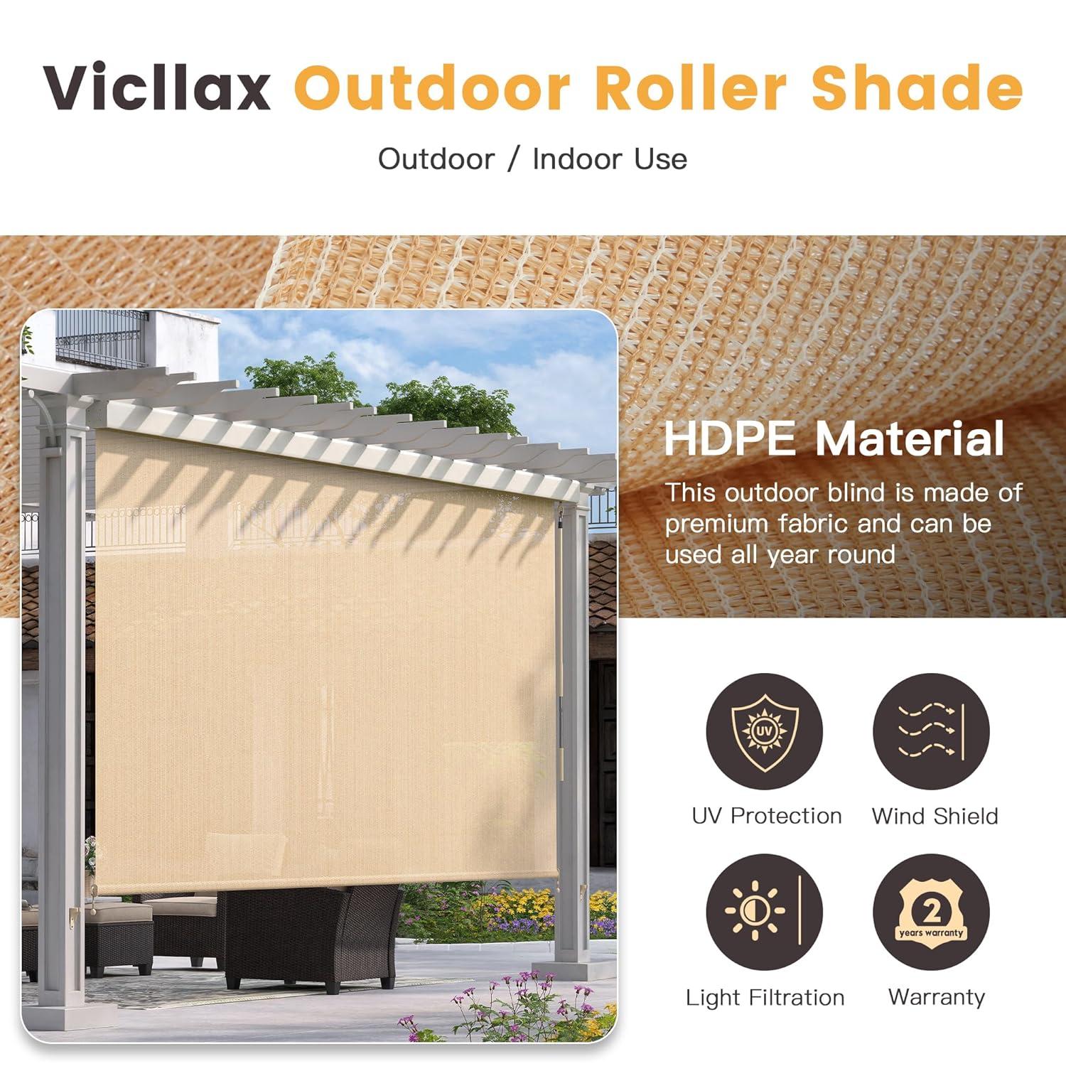 VICLLAX Outdoor Premium Roller Shades for Patio, Exterior Cordless Outdoor Blinds Porch Shades with Aluminum Valance (4' W X 8' L), Wheat