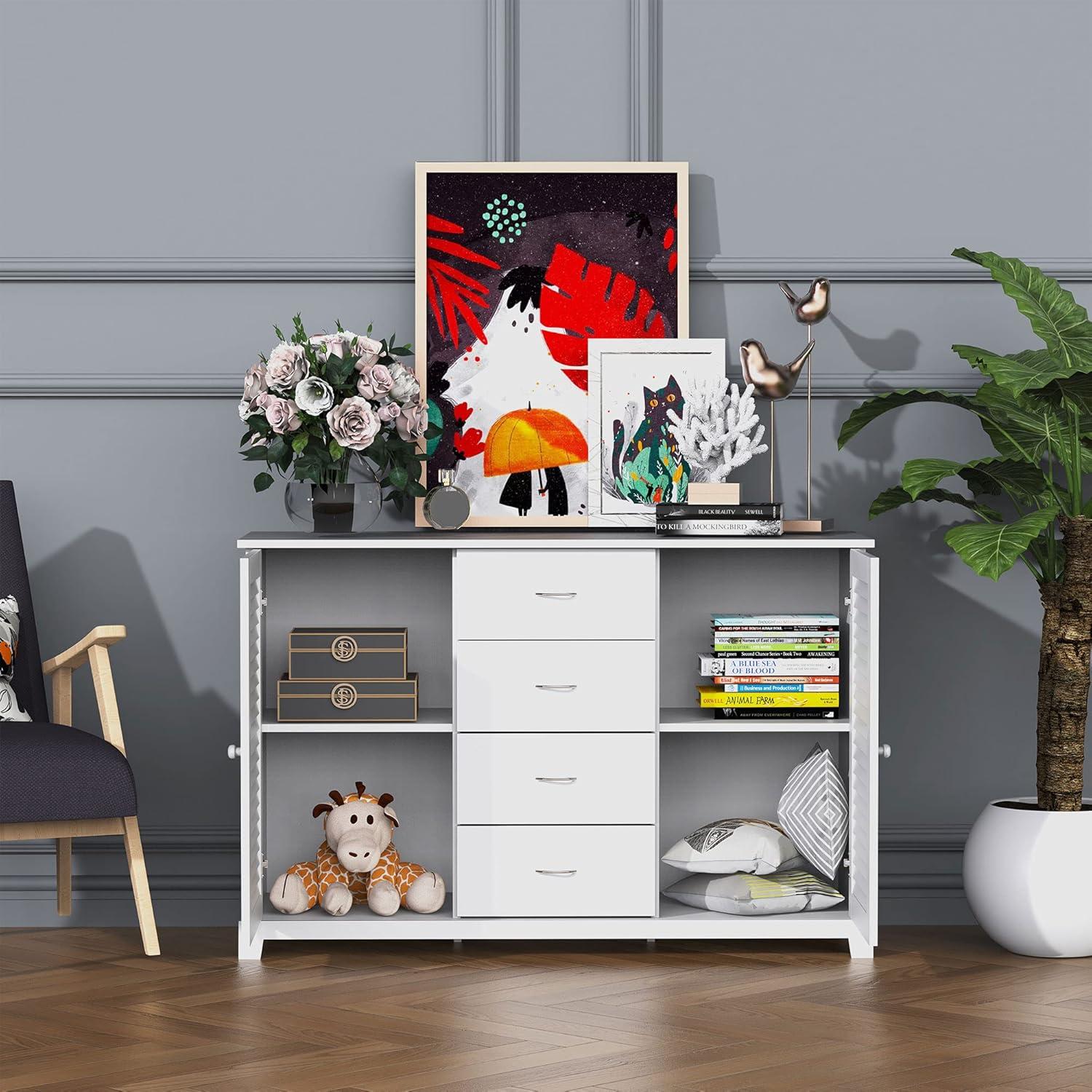 HOMCOM Sideboard Buffet Cabinet, Kitchen Cabinet, Coffee Bar Cabinet with 4 Drawers and 2 Louvered Doors for Living Room, Kitchen, White