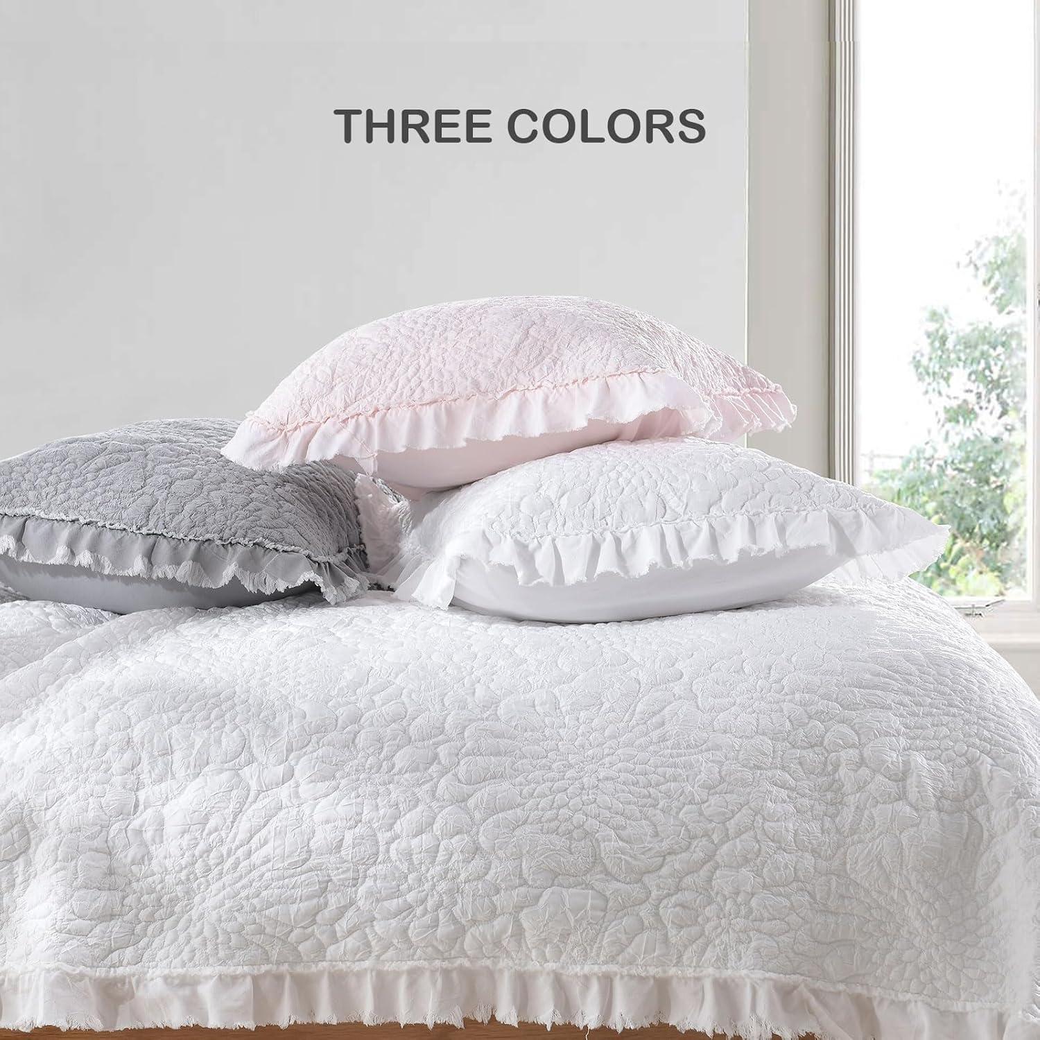 HORIMOTE HOME Pink Ruffled Quilt Twin Size, Stone-Washed Microfiber Lightweight Crinkled Farmhouse Rustic Shabby Chic Bedding Set, 2 Pieces Reversible Bedspread with Pillow Sham for All Season