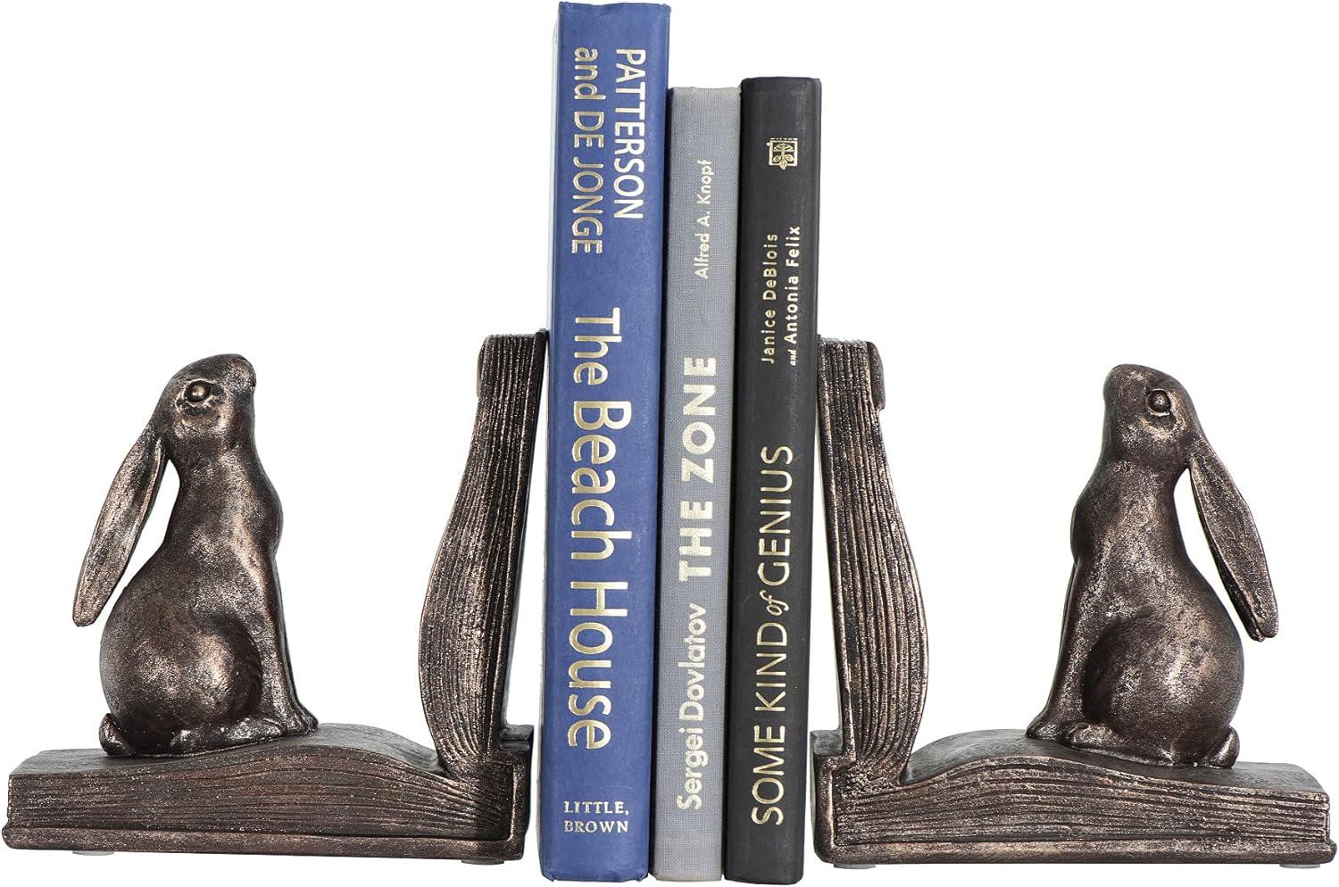 Rustic Bronze Resin Rabbit Bookends on Books, Set of 2