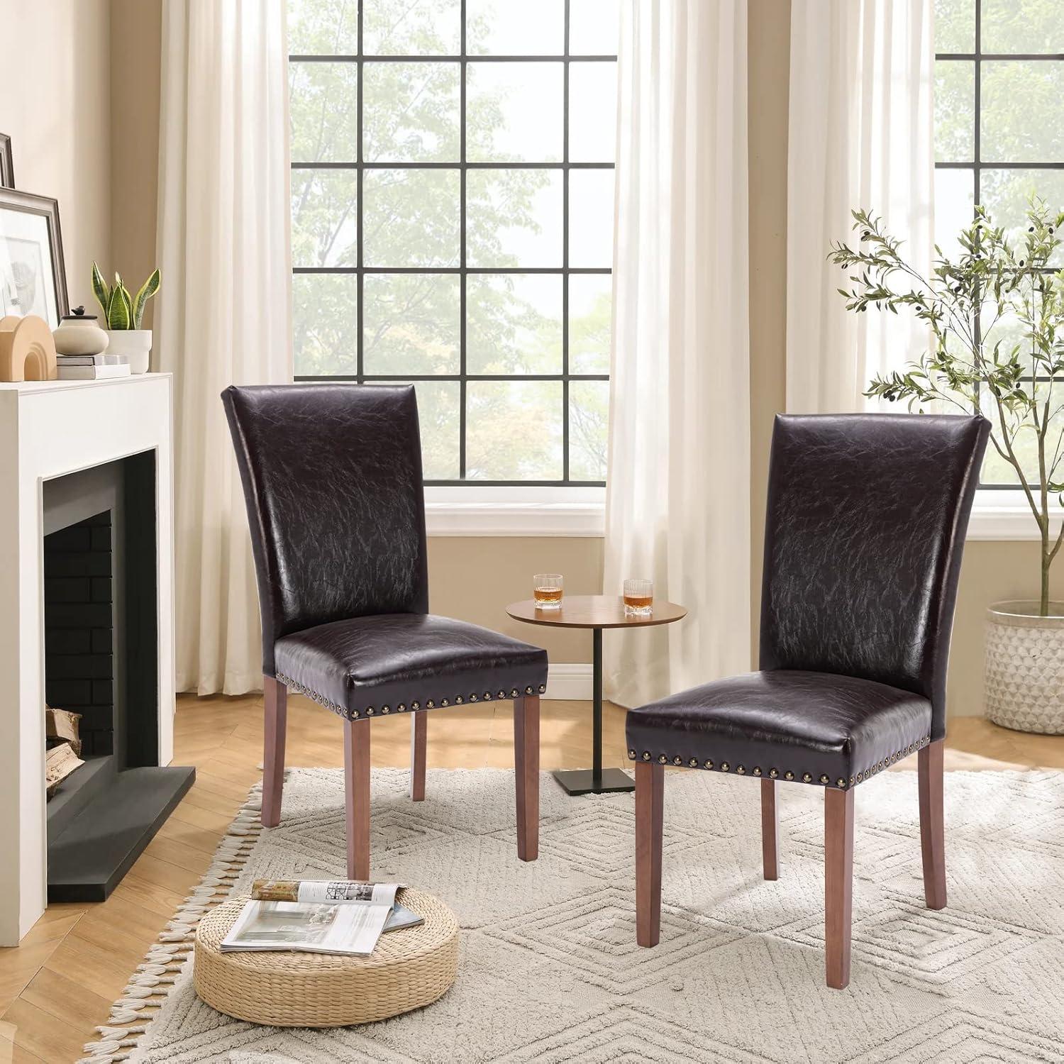 Dark Brown Faux Leather Upholstered Parsons Side Chair Set