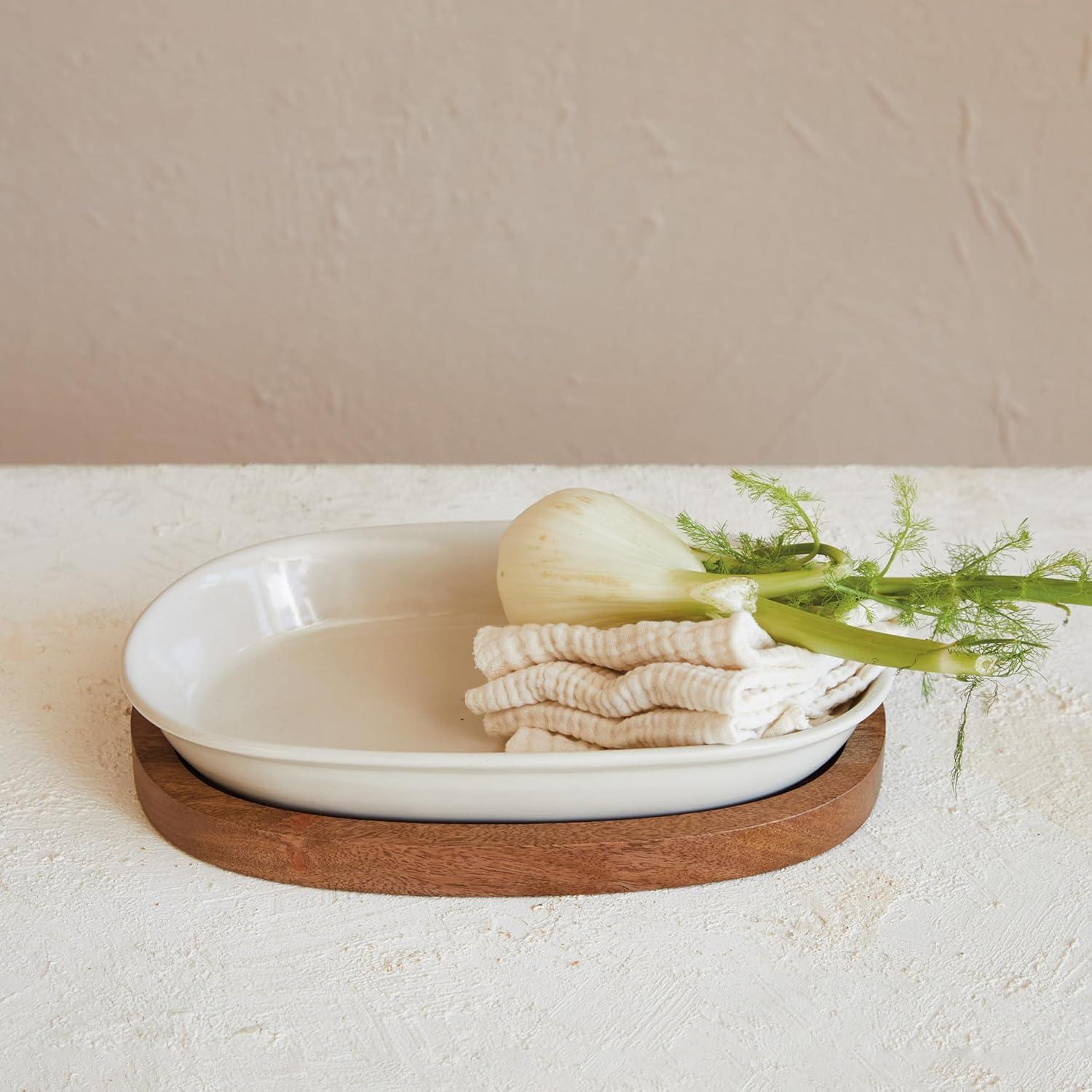 Cream Stoneware Serving Dish with Mango Wood Base