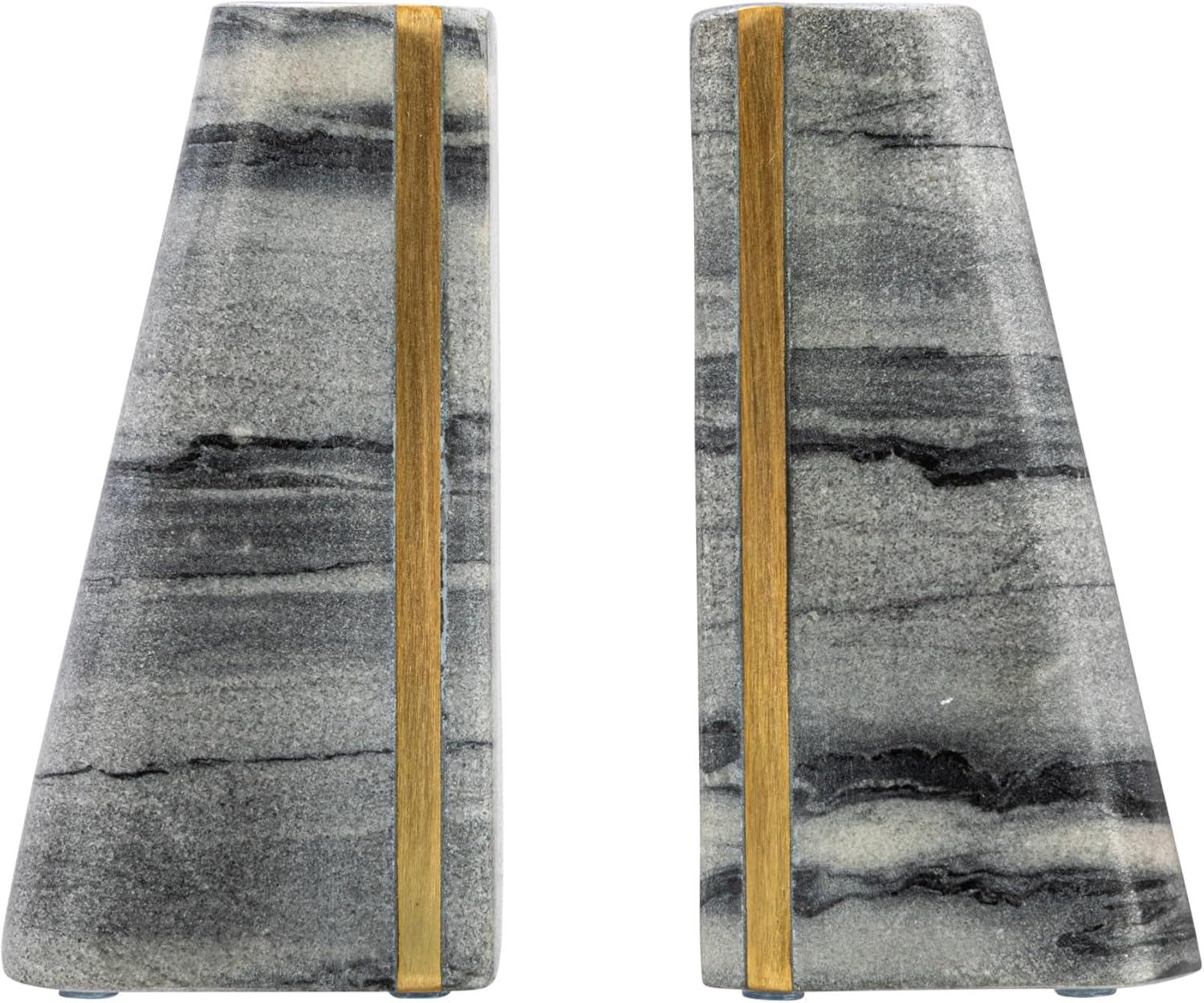 Main + Mesa Modern Marble Bookends with Brass Detail, Set of 2, Grey