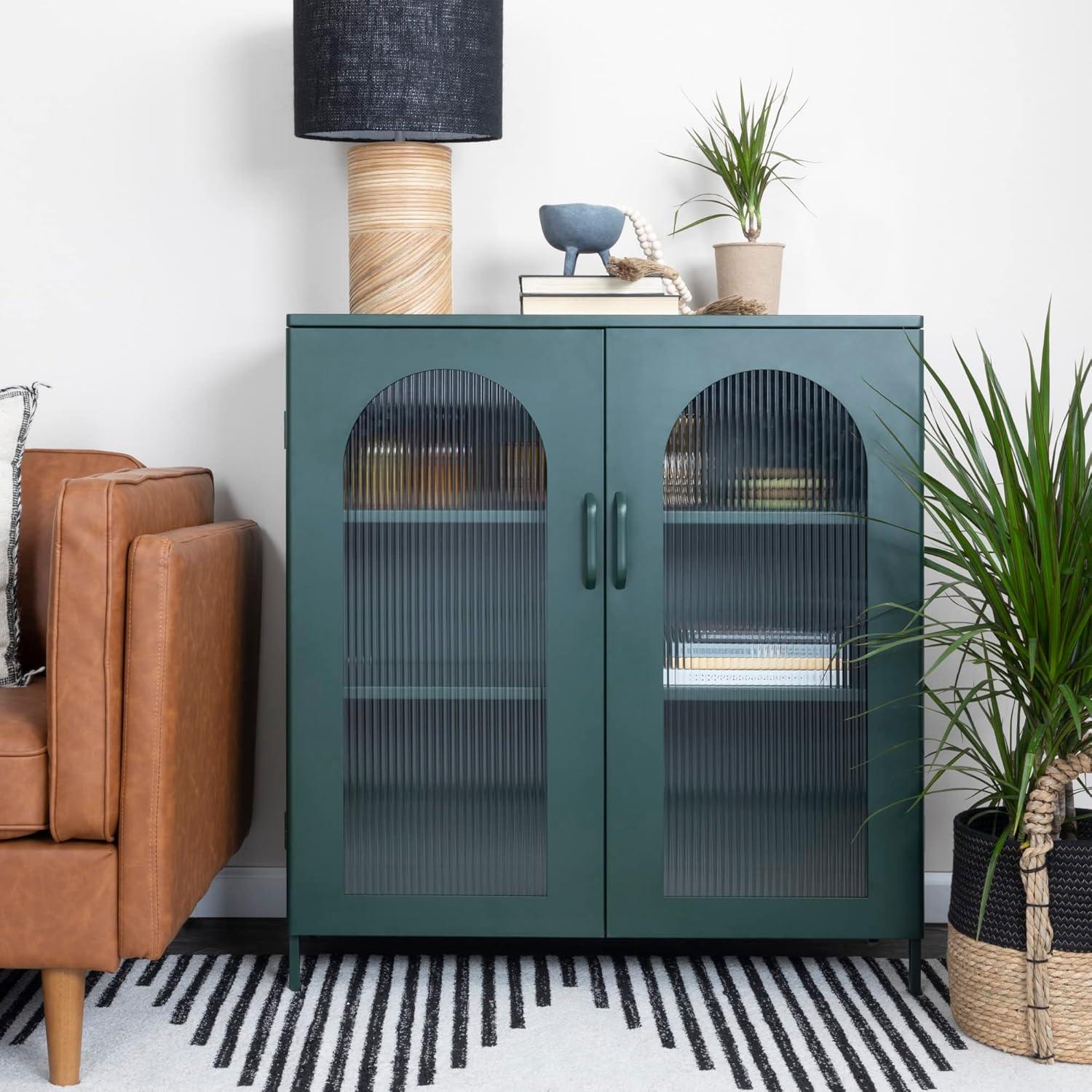 Creative Co-Op Solstice Wide Metal Accent Cabinet with 2 Adjustable Storage Shelves and Arched Glass Door, Dark Green