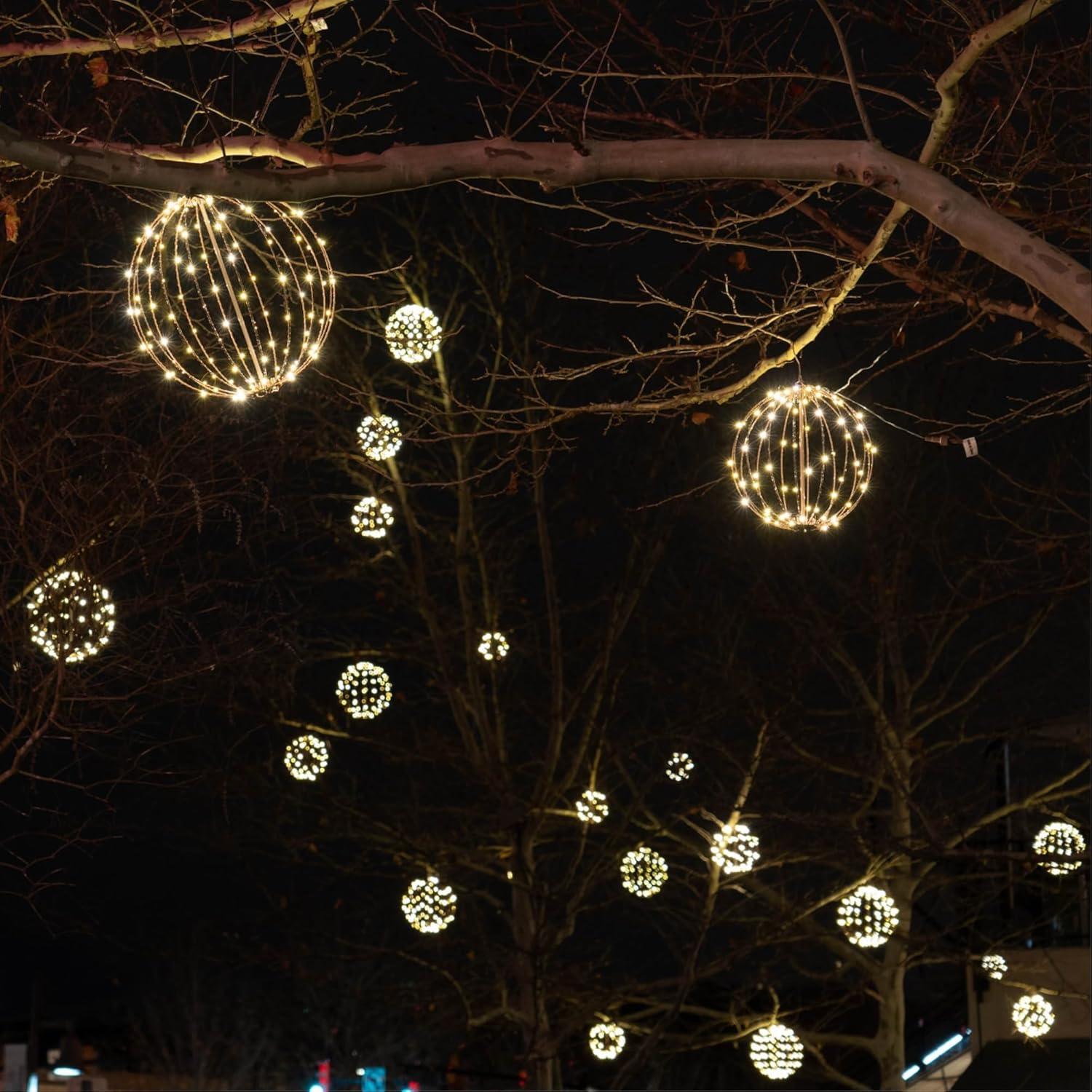 LED Light Ball - Indoor/Outdoor Christmas Light Balls, Light Spheres Outdoor/Sphere Light Fold Flat Metal Frame (16", White Frame/Warm White Lights)