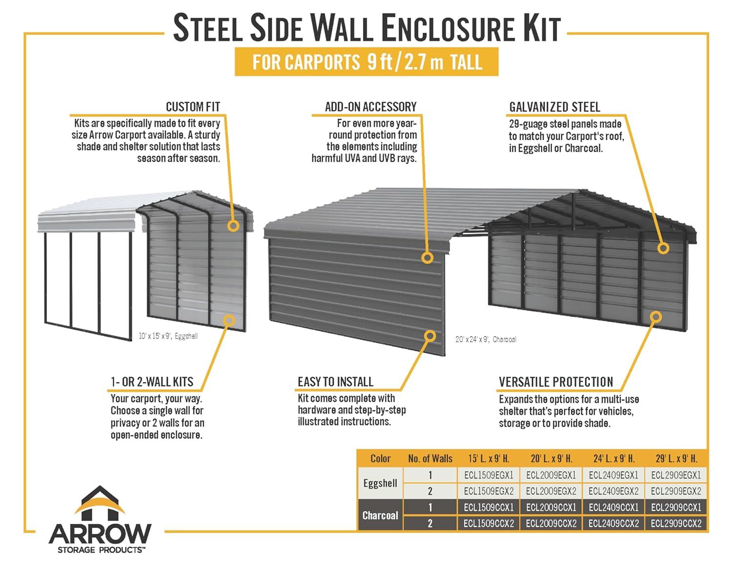 Arrow Arrow Steel Carport with 2 Side Wall Kits, 10x20x09